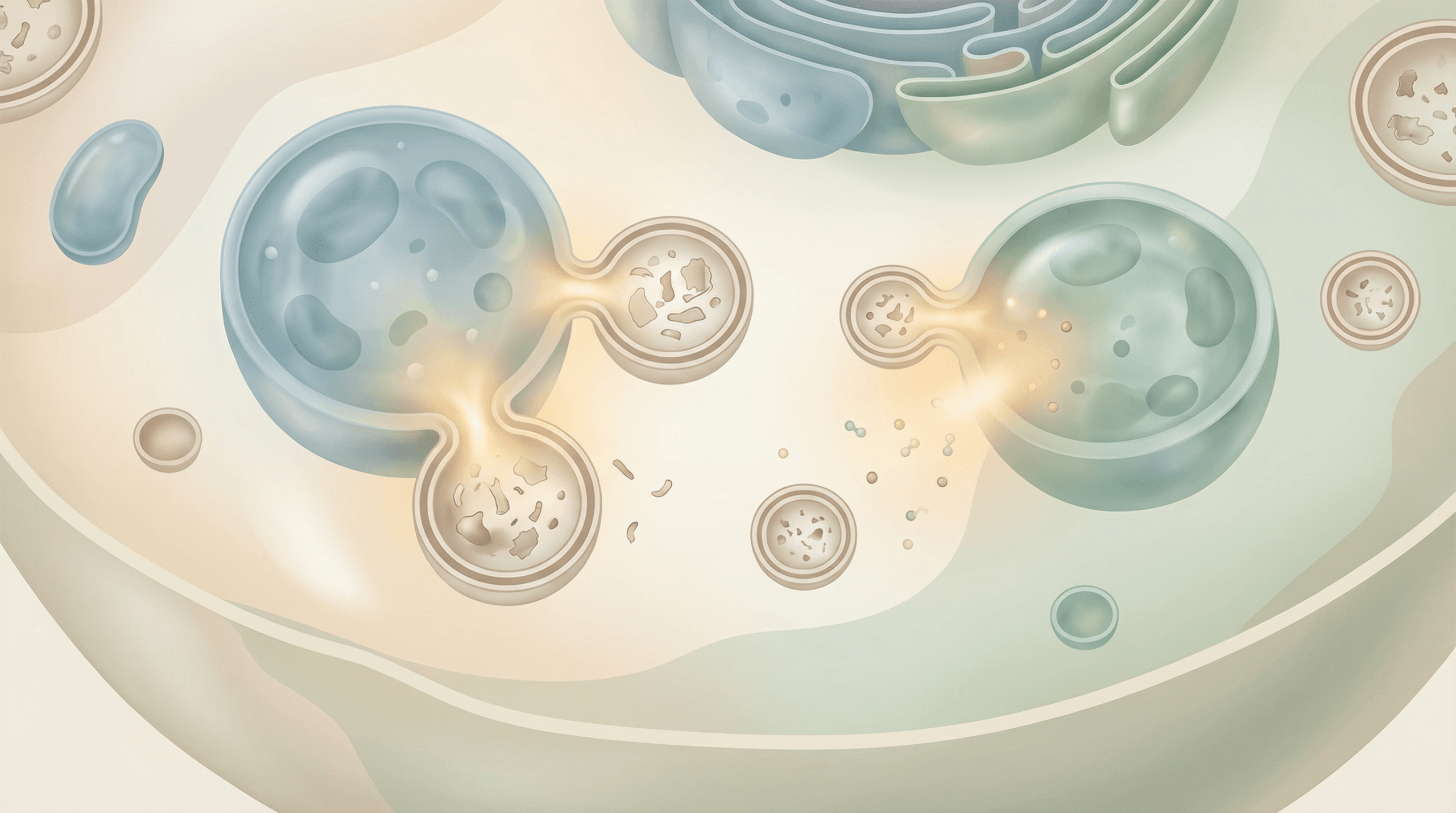 A clean editorial illustration depicting the cellular process of autophagy, showing lysosomes breaking down cellular waste, with a subtle glow representing cellular recycling. The image uses warm neutrals, soft blues, and greens with accent colors, conveying a sense of healthy aging and vitality.