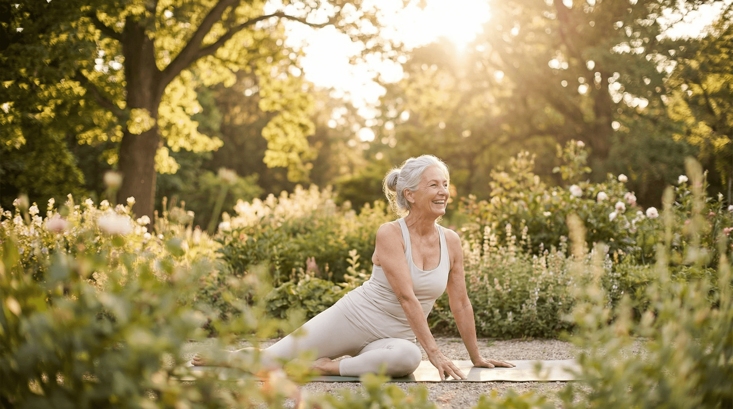 A photorealistic image of a healthy, vibrant older woman (around 60-70 years old) practicing yoga outdoors in a serene park setting, bathed in warm, optimistic sunlight. The scene conveys vitality and healthy aging.