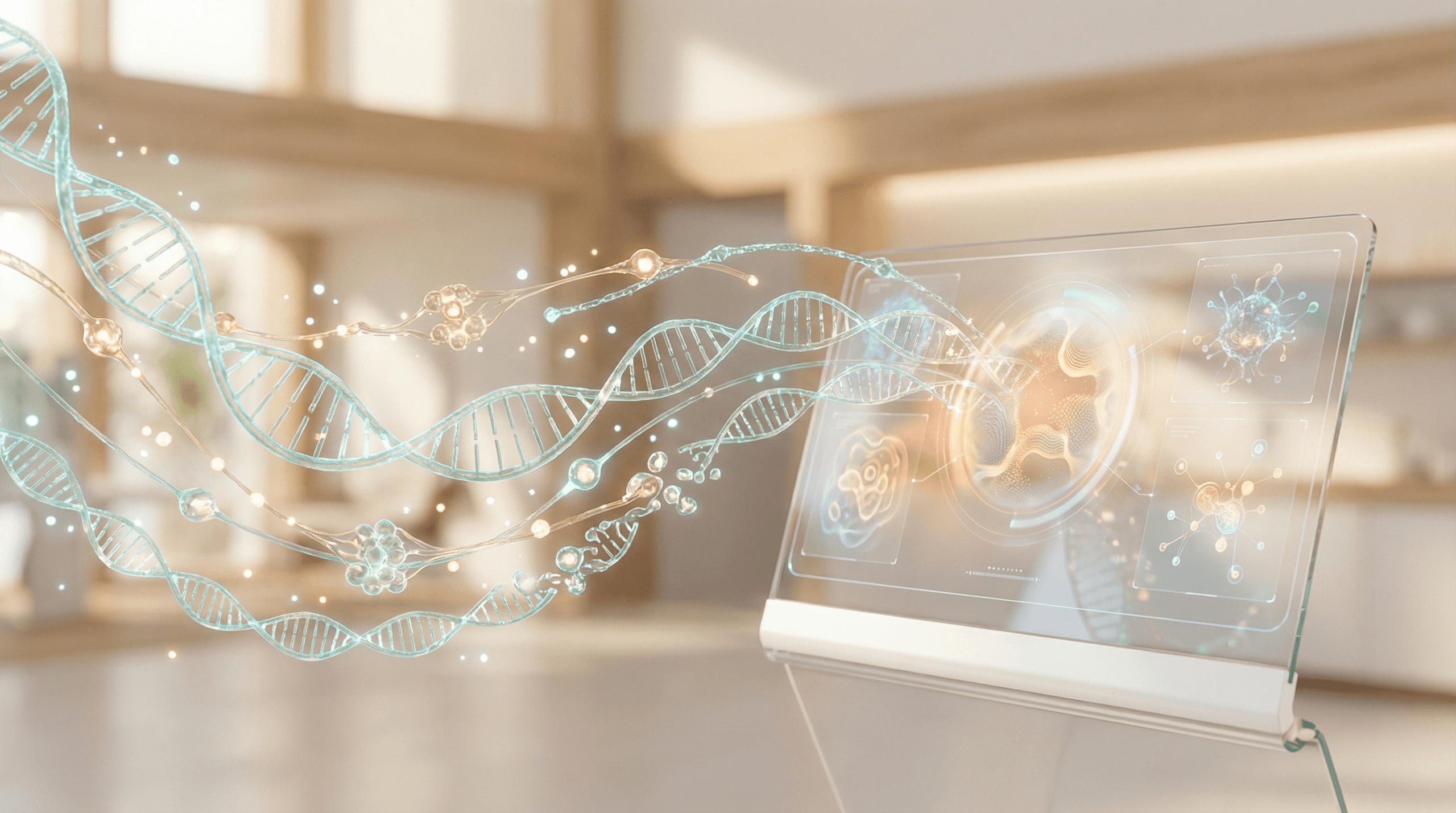 Abstract representation of advanced biomarker testing with glowing DNA strands and cellular structures flowing into a futuristic analysis interface, conveying scientific precision and tracking health beyond traditional metrics.