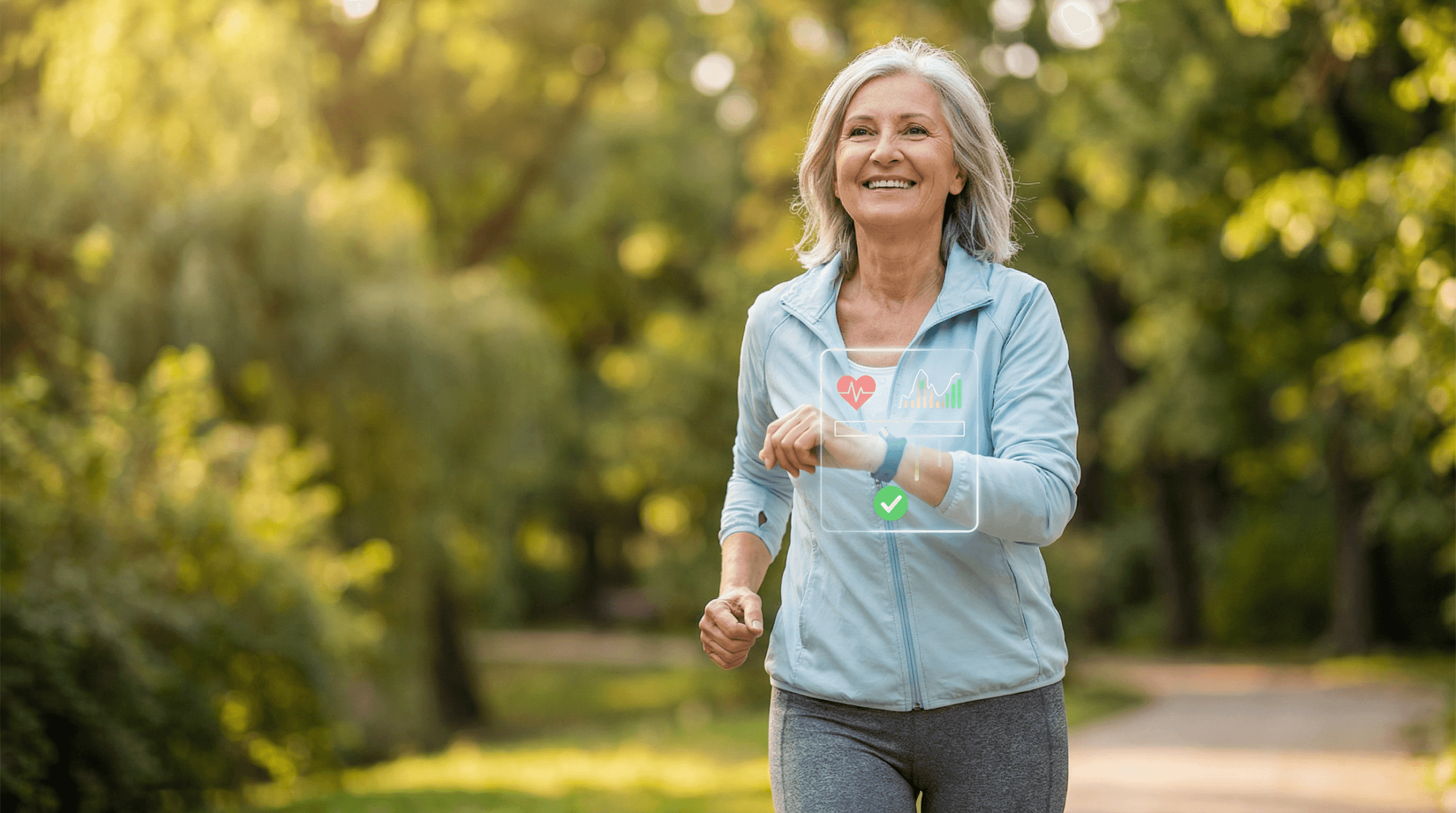 A vibrant, healthy senior woman jogging outdoors, with a subtle overlay of health data from a wearable device, conveying vitality and the positive impact of understanding biomarkers.
