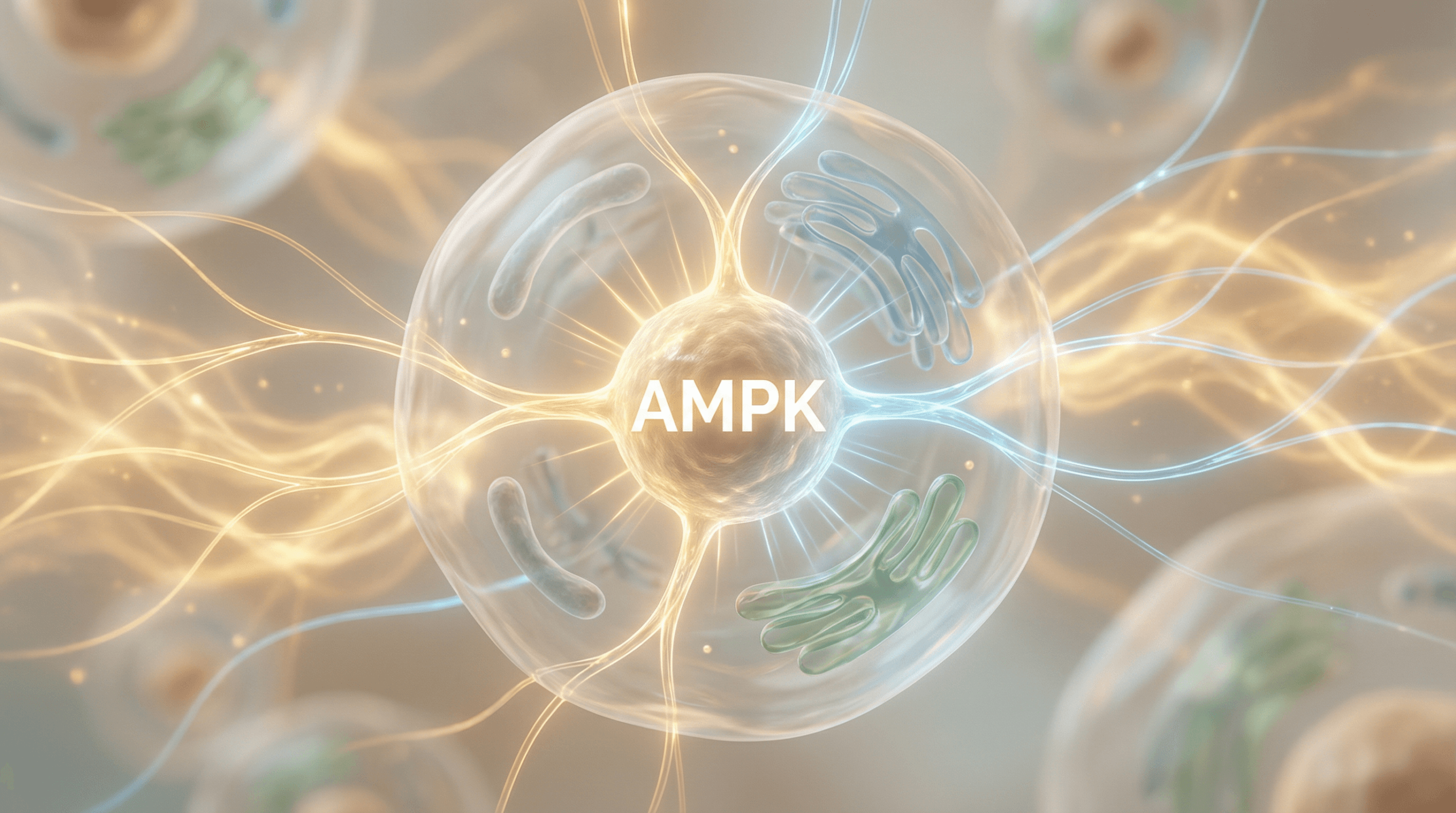 A stylized illustration of a human cell with glowing energy pathways, highlighting a central 'AMPK' master switch, representing cellular energy regulation and metabolic health.