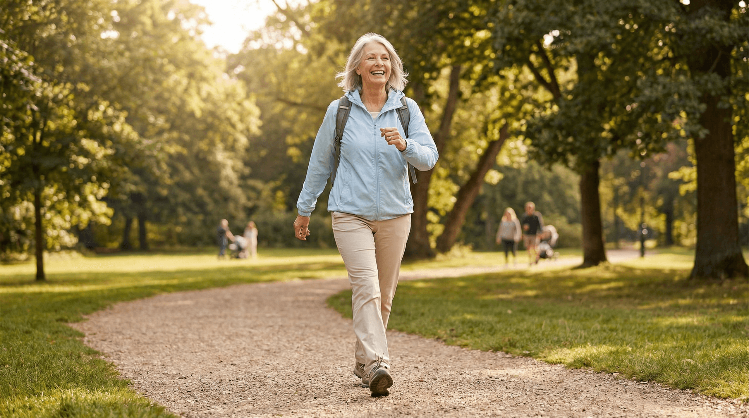 A vibrant, healthy older adult smiling and walking briskly in a sunny park, embodying vitality, healthy aging, and well-being through moderate exercise.