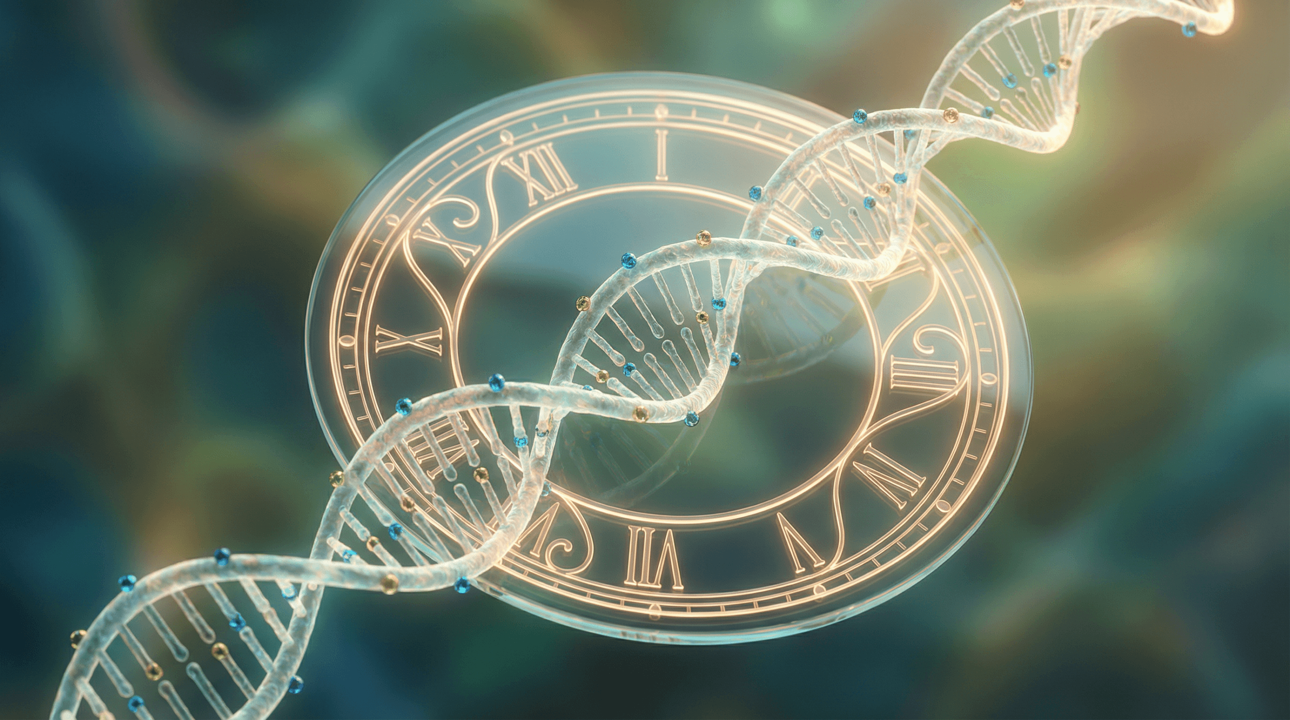 A conceptual image illustrating epigenetic clocks with DNA strands and a glowing clock face, representing scientific measurement of aging.