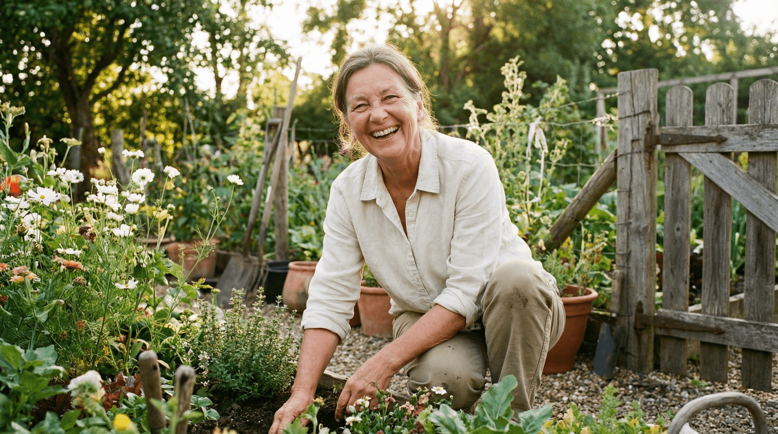 A vibrant, healthy older woman happily gardening, symbolizing practical application and a lifestyle of healthy aging.