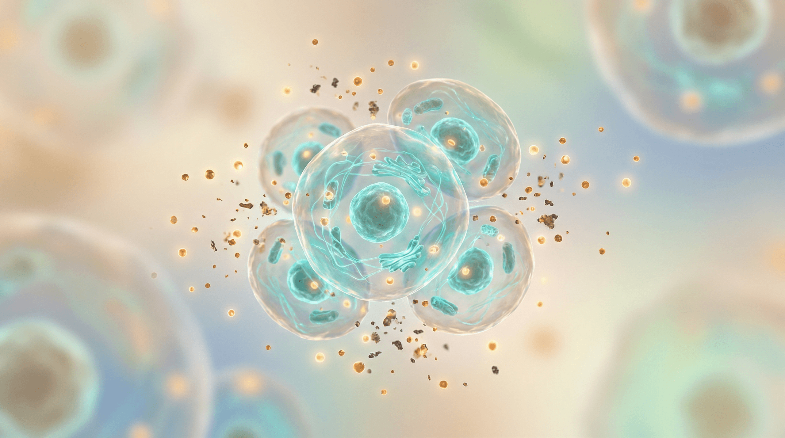 Microscopic visualization of cellular autophagy — the body's self-cleaning process for healthy aging