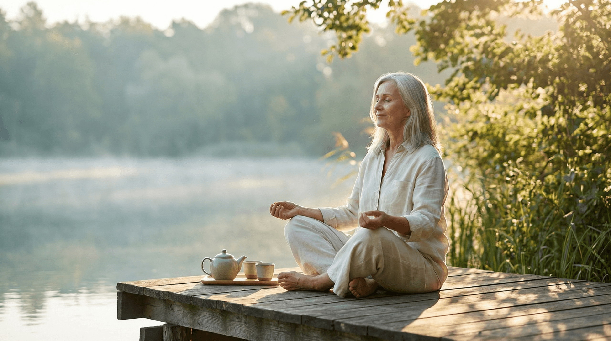 A serene older woman meditating on a wooden dock by a tranquil lake at sunrise, embodying mindfulness and healthy aging.