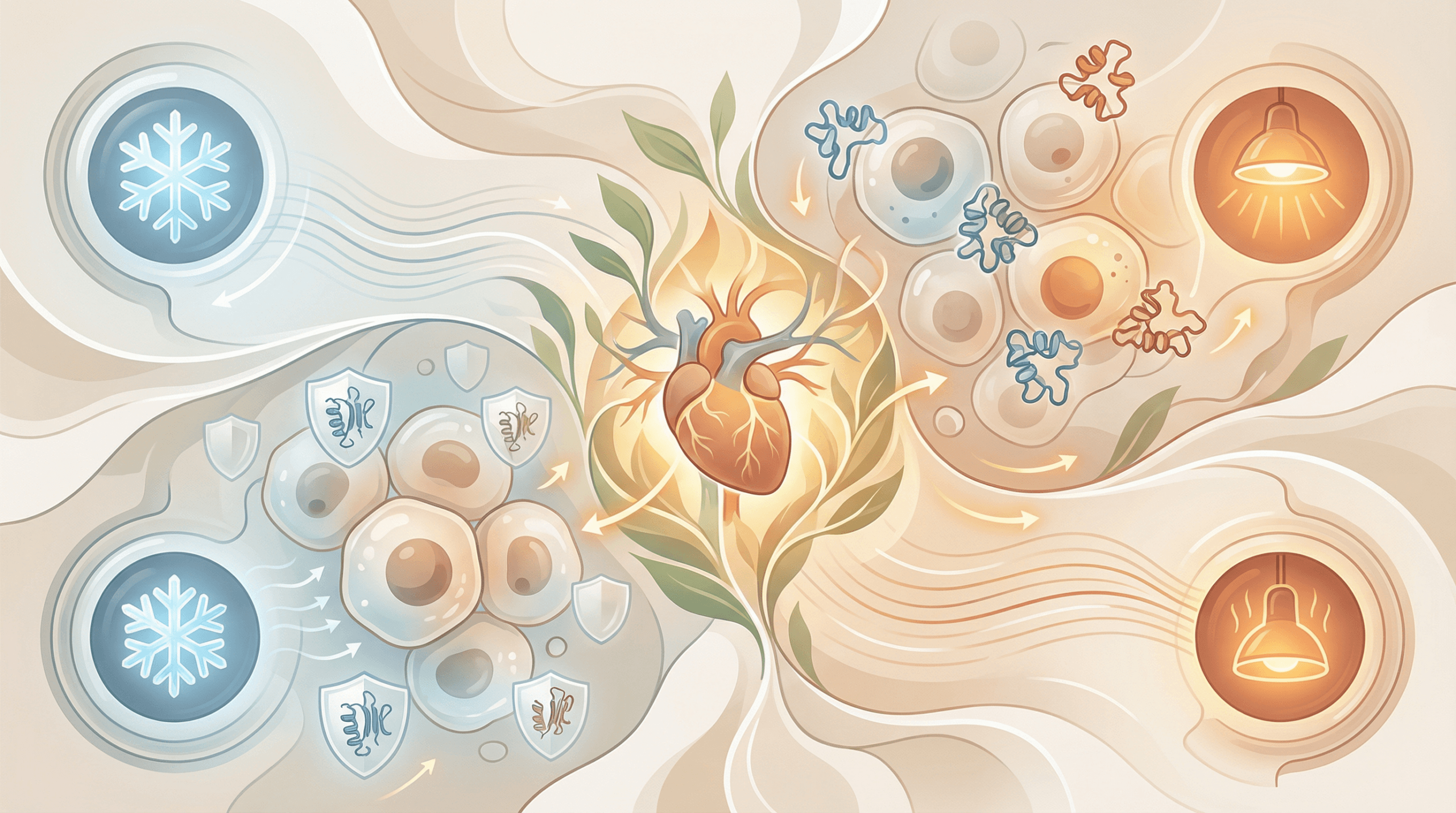 An editorial illustration depicting the scientific concept of hormesis, showing cellular responses to controlled stress from cold and heat therapies, with elements representing heat shock proteins and cardiovascular benefits.