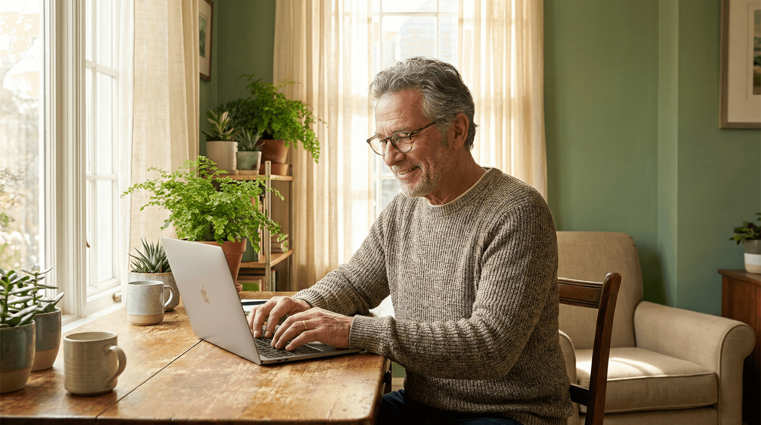 Ken Gardner, founder of Fruitful Years, smiling at his laptop in a sunlit room surrounded by plants