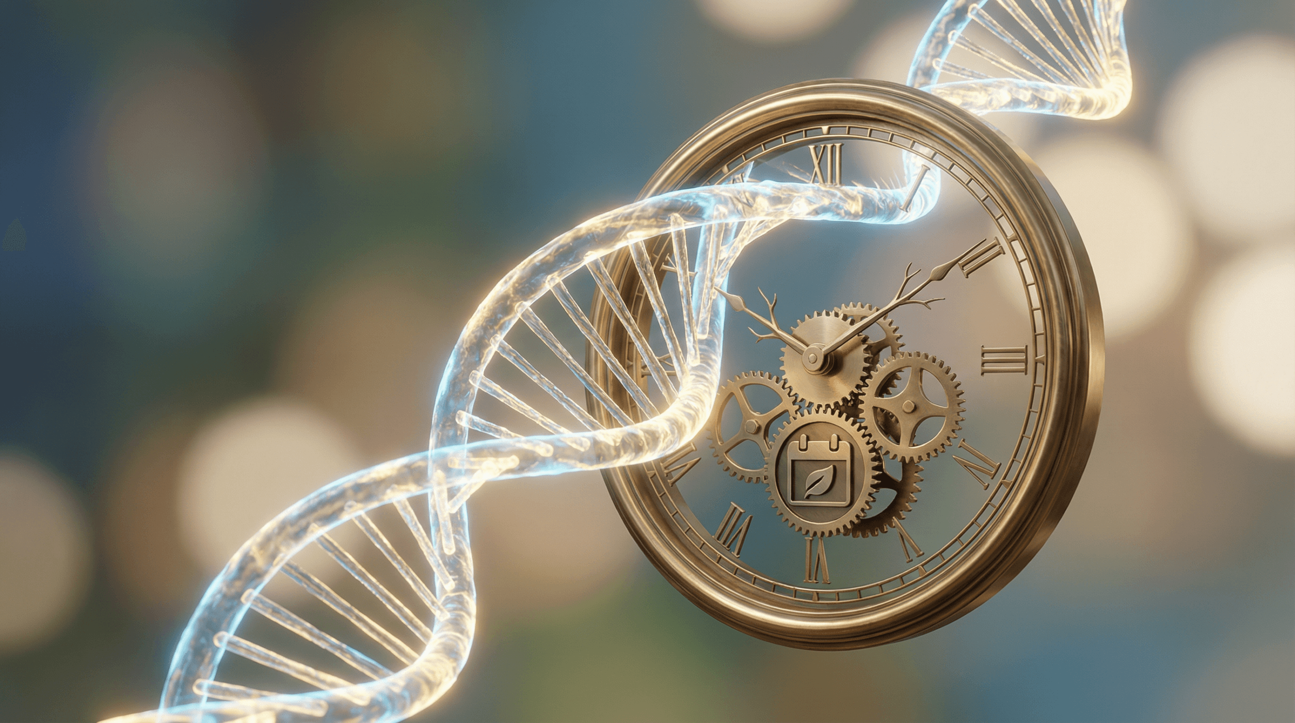 DNA double helix with clock overlay representing epigenetic clocks and biological age measurement