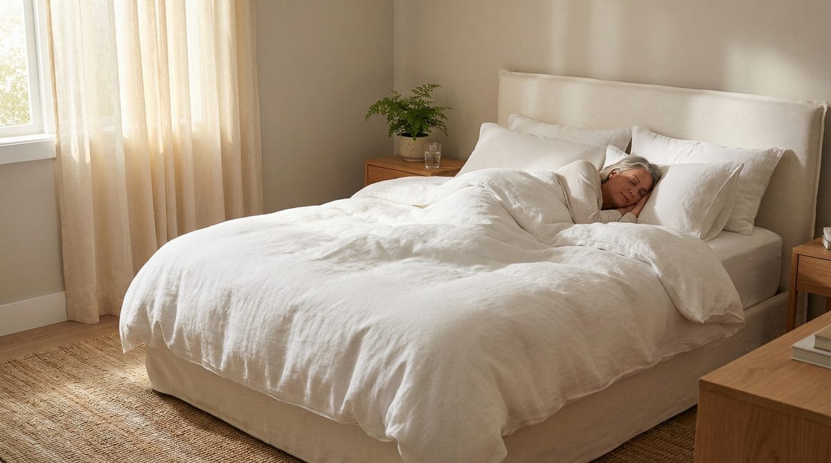 Older woman sleeping peacefully in a bright bedroom with white linen and soft morning light