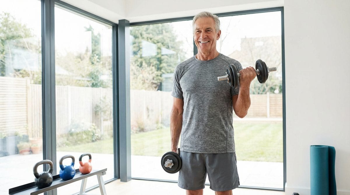 Active older man lifting dumbbells in a bright home gym, smiling with confidence and vitality