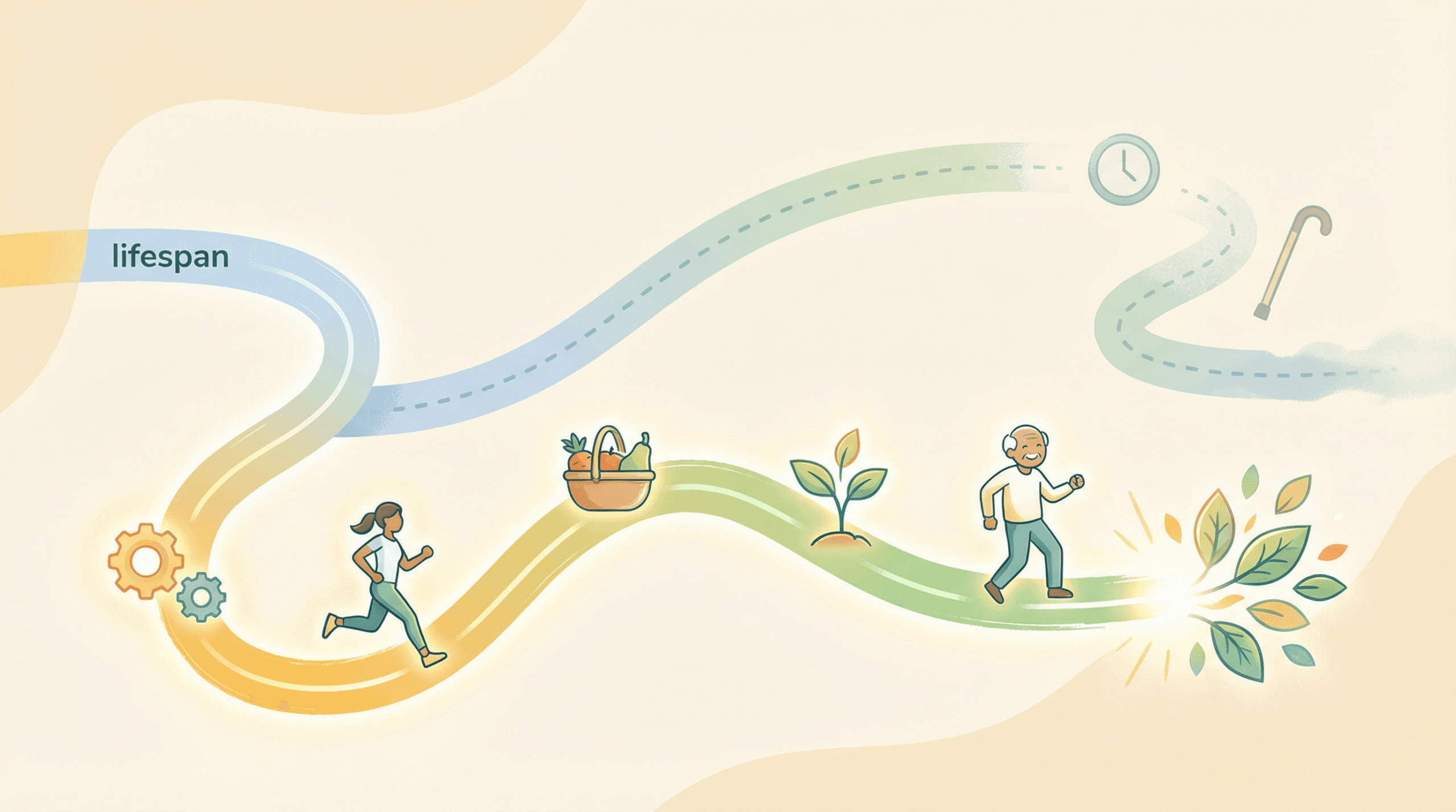 An editorial illustration showing two intertwined paths, one representing lifespan with a decline, and the other healthspan, vibrant and strong.