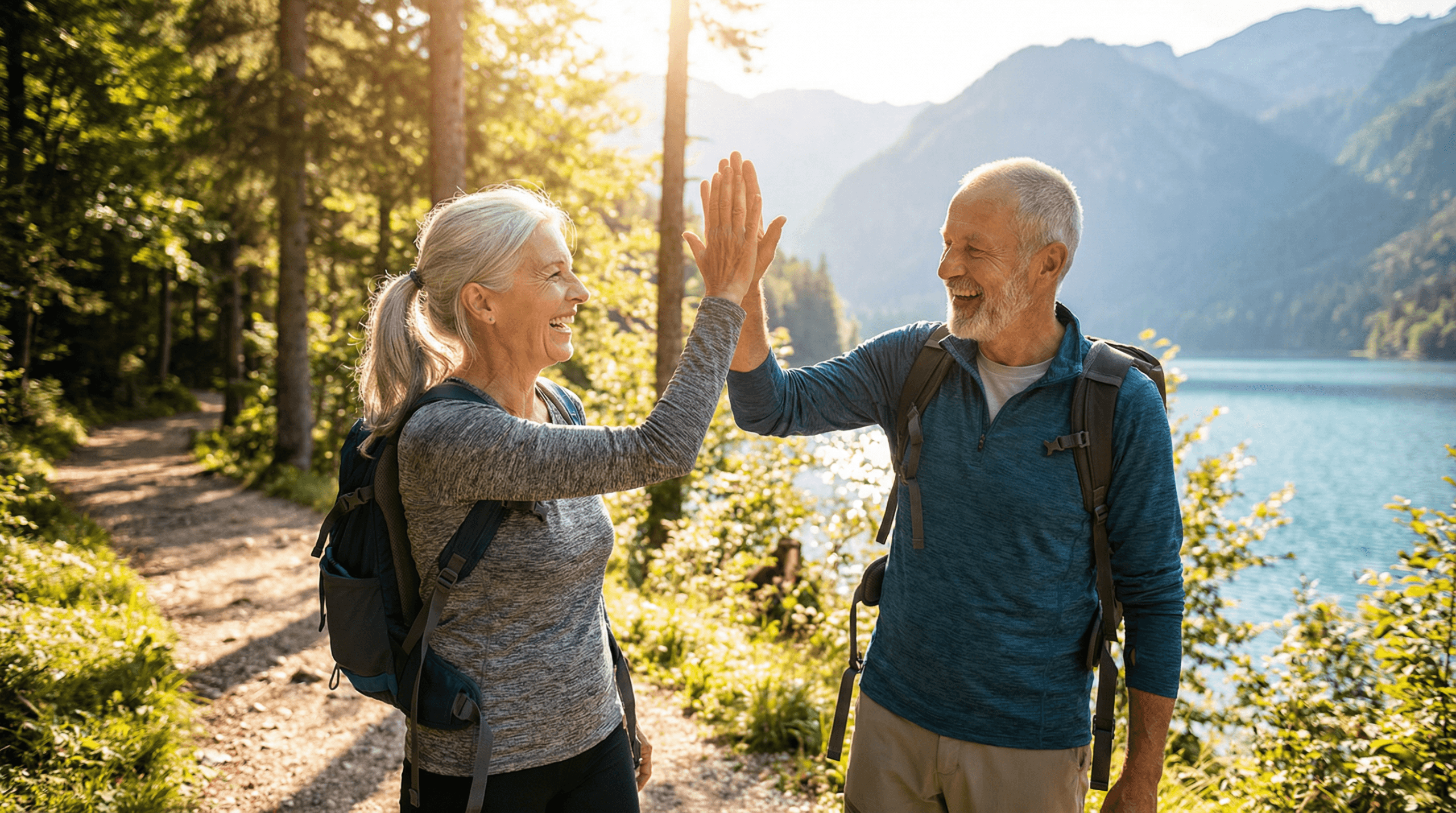 A photorealistic image of a healthy senior couple high-fiving during a hike in a scenic park, embodying vitality and quality of life.