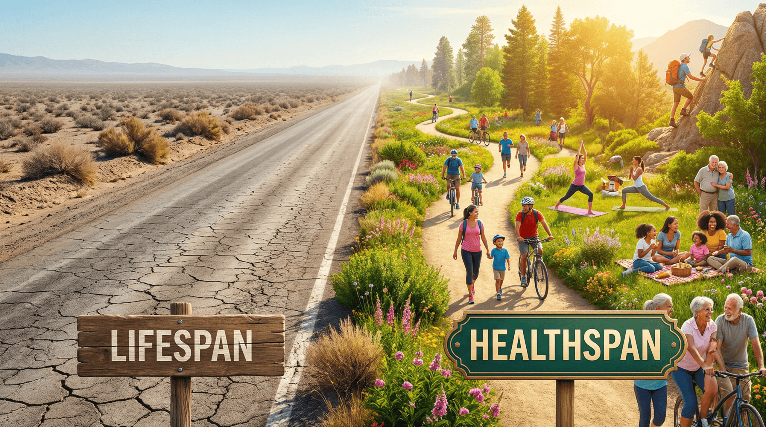 Comparison of healthspan vs lifespan — a person living actively in older age