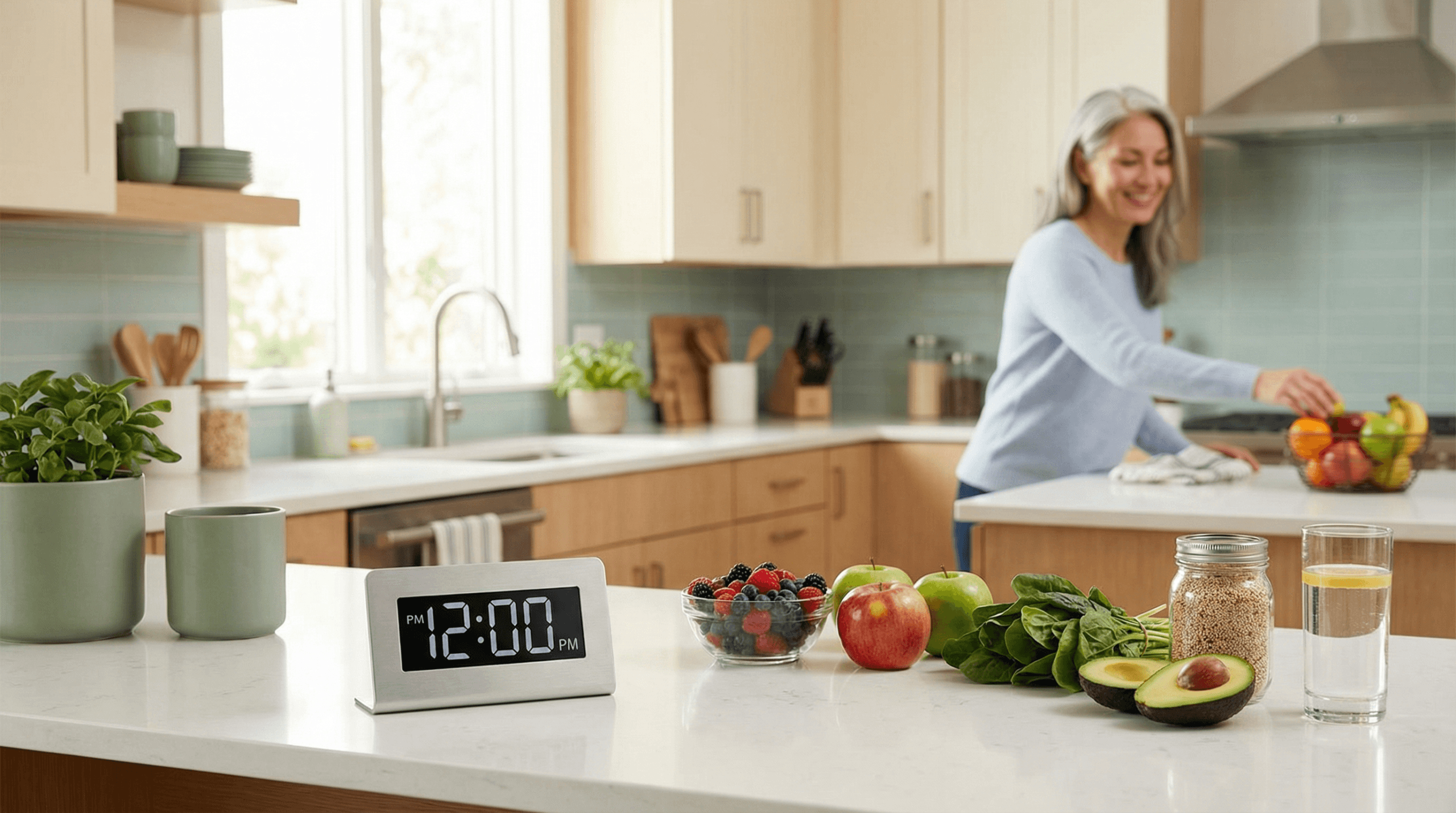 Healthy kitchen scene with clock and nutritious foods representing intermittent fasting for beginners