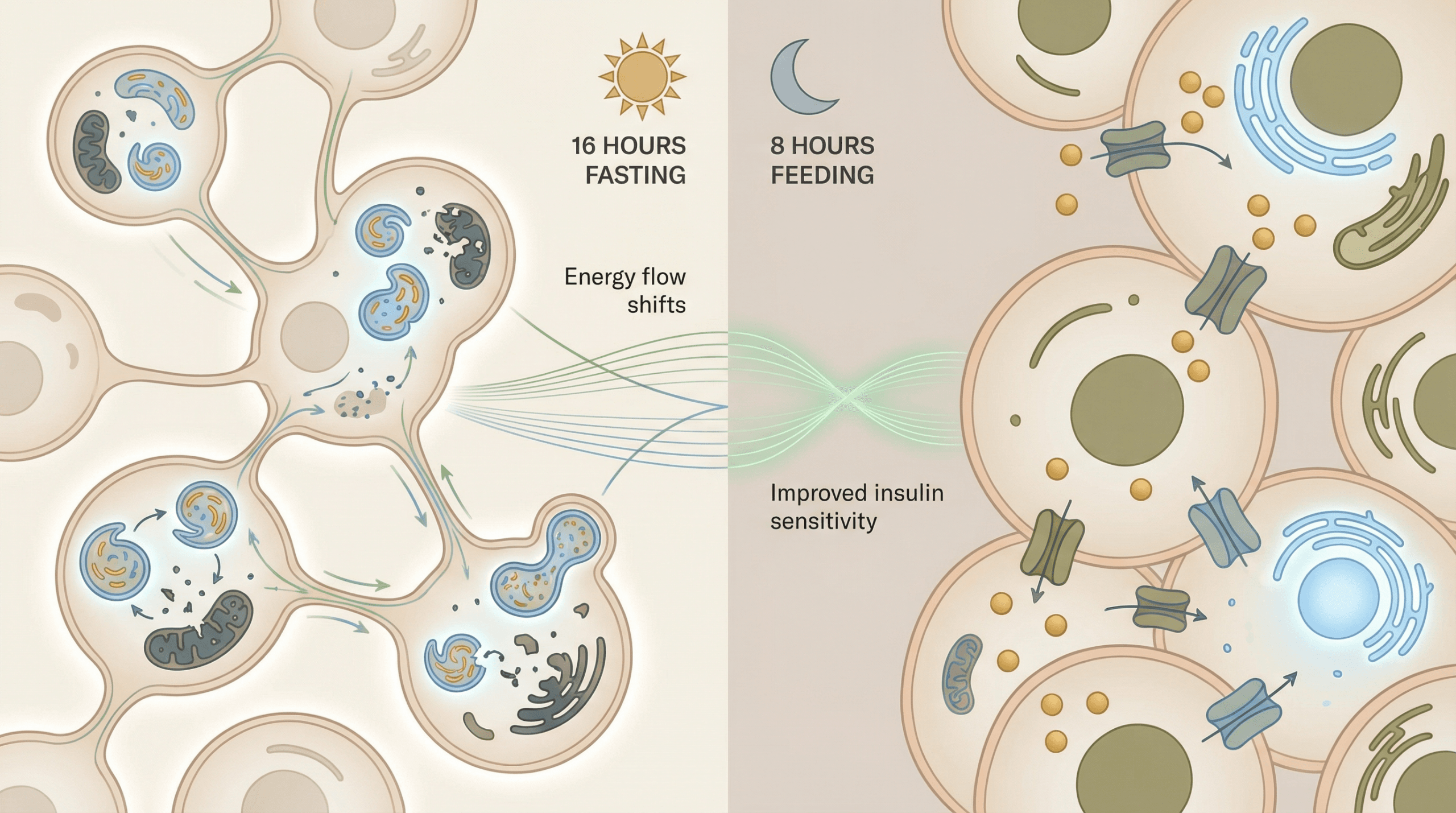An editorial illustration showing cellular processes during intermittent fasting, highlighting autophagy and improved insulin sensitivity. The image depicts cells undergoing repair and regeneration, with visual elements representing energy shifts and metabolic flexibility. The color palette includes warm neutrals, soft blues, and greens, with subtle accent colors, conveying a scientific yet optimistic tone.