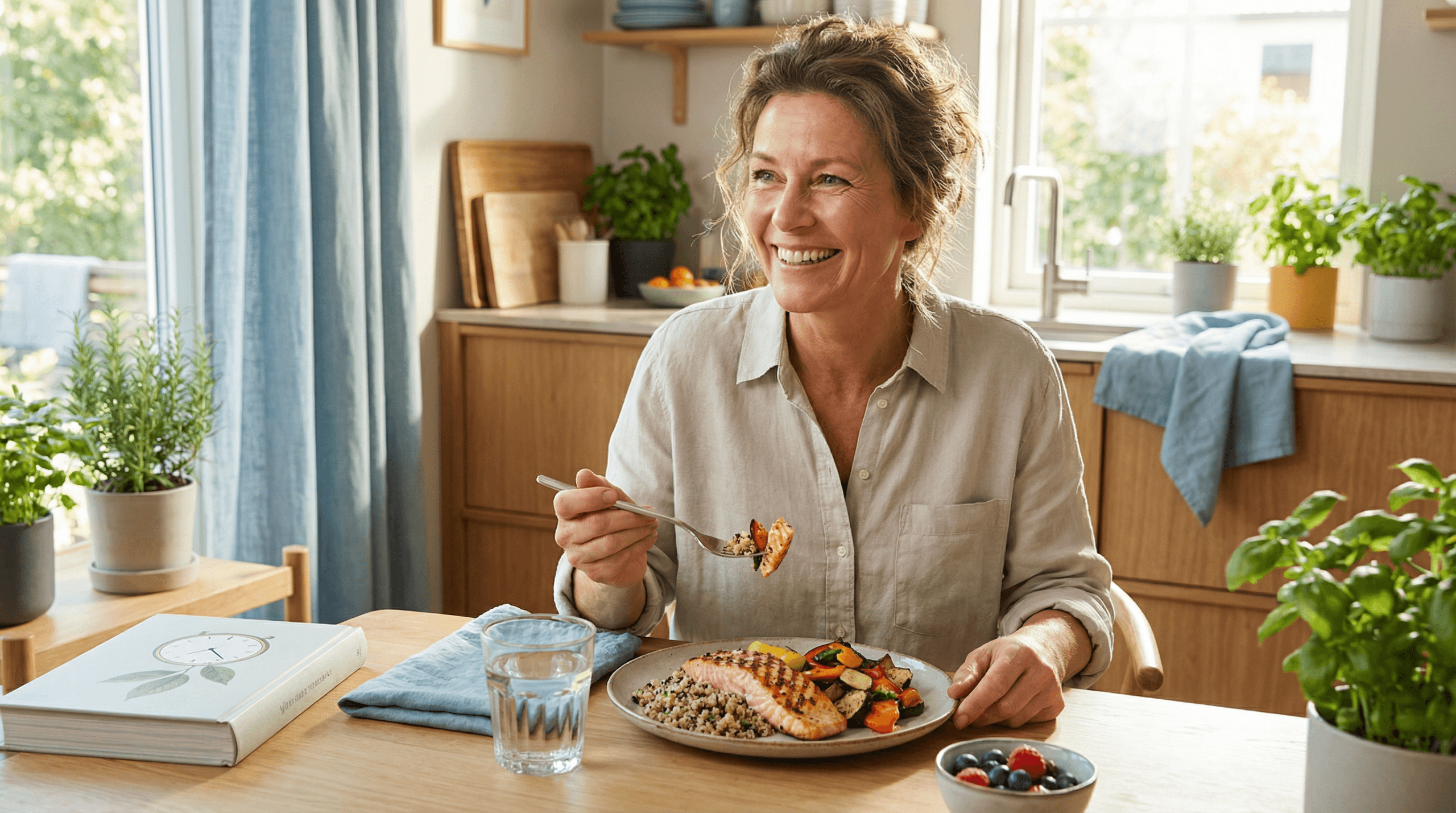 A photorealistic image of a smiling woman enjoying a healthy, balanced meal in a bright, modern kitchen. She appears vibrant and energetic, embodying the benefits of intermittent fasting for healthy aging and vitality. The scene features warm neutral colors, soft blues, and greens, with accent colors, creating an optimistic and inviting atmosphere.