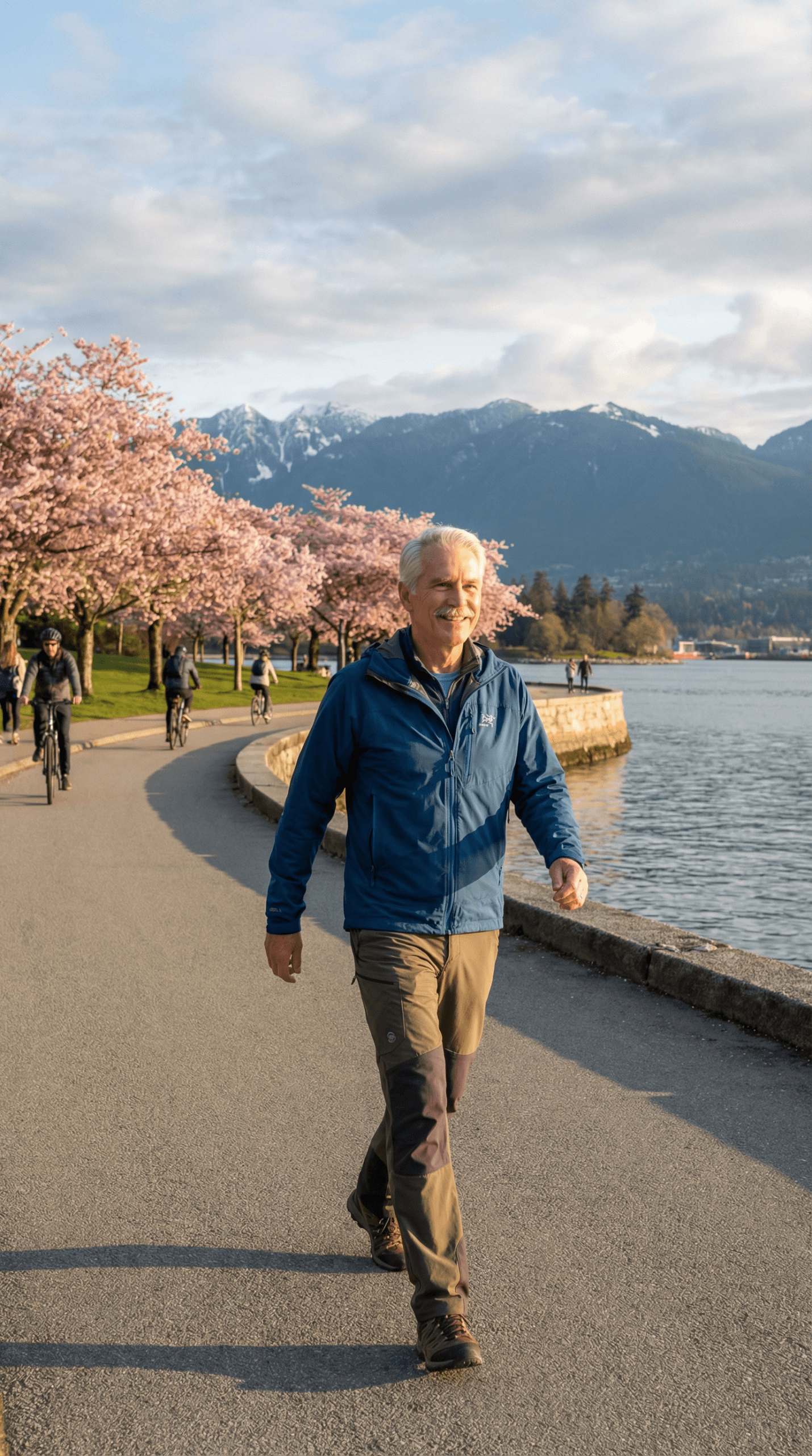 Ken Gardner walking along the Vancouver seawall with cherry blossoms and mountains in the background