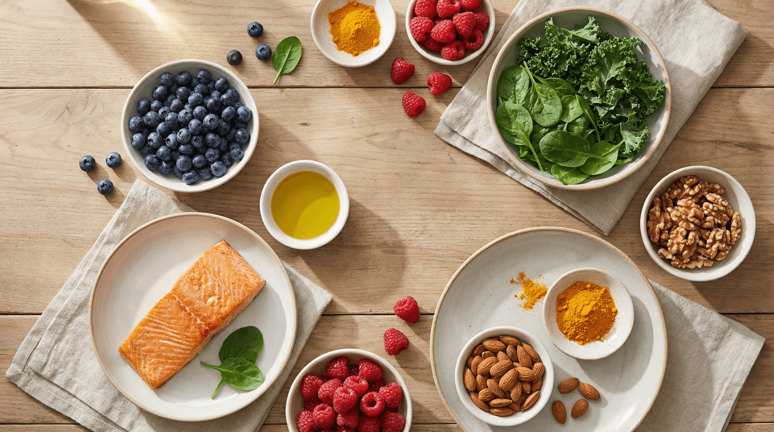 Colorful spread of anti-aging superfoods including berries, salmon, leafy greens and olive oil for the longevity diet