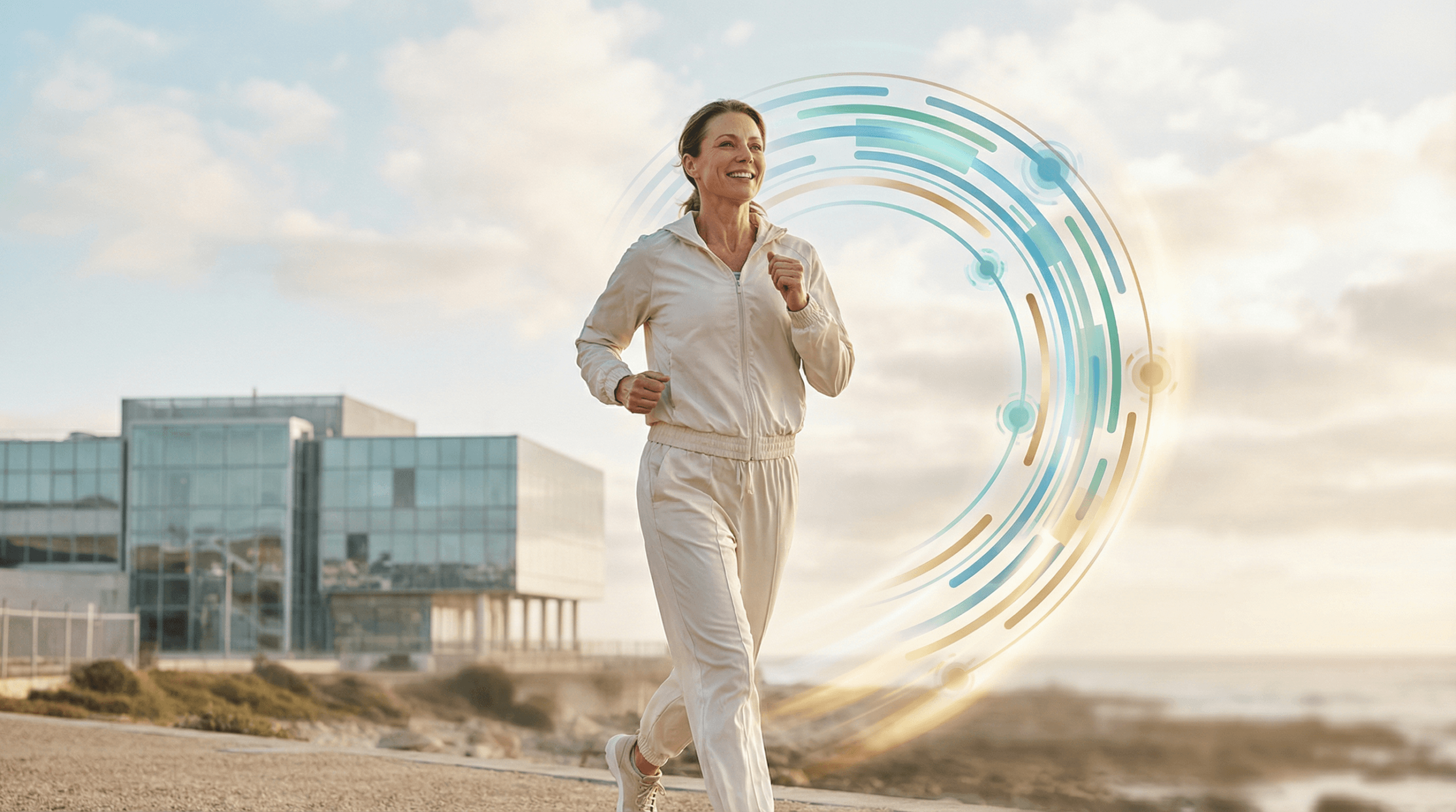 Person running energetically with futuristic trajectory arc representing longevity escape velocity — outrunning aging