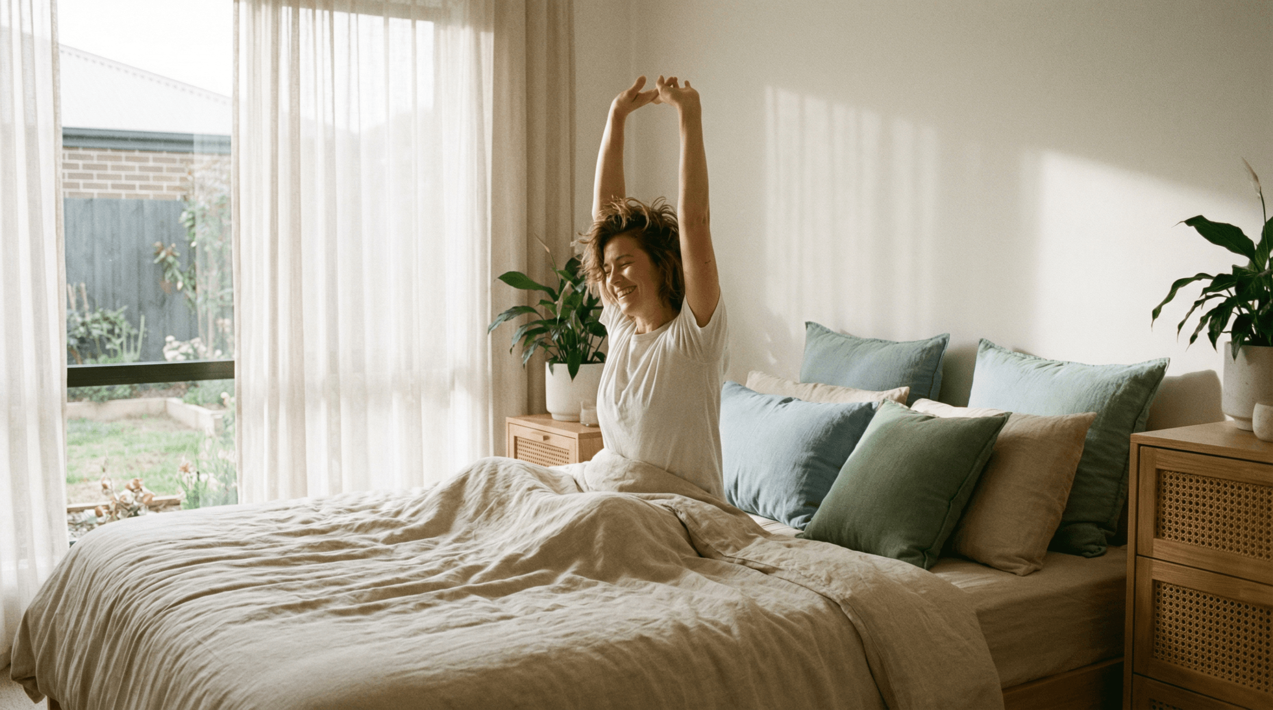 A person stretching and smiling in a bright, peaceful bedroom, symbolizing refreshed awakening and well-being.