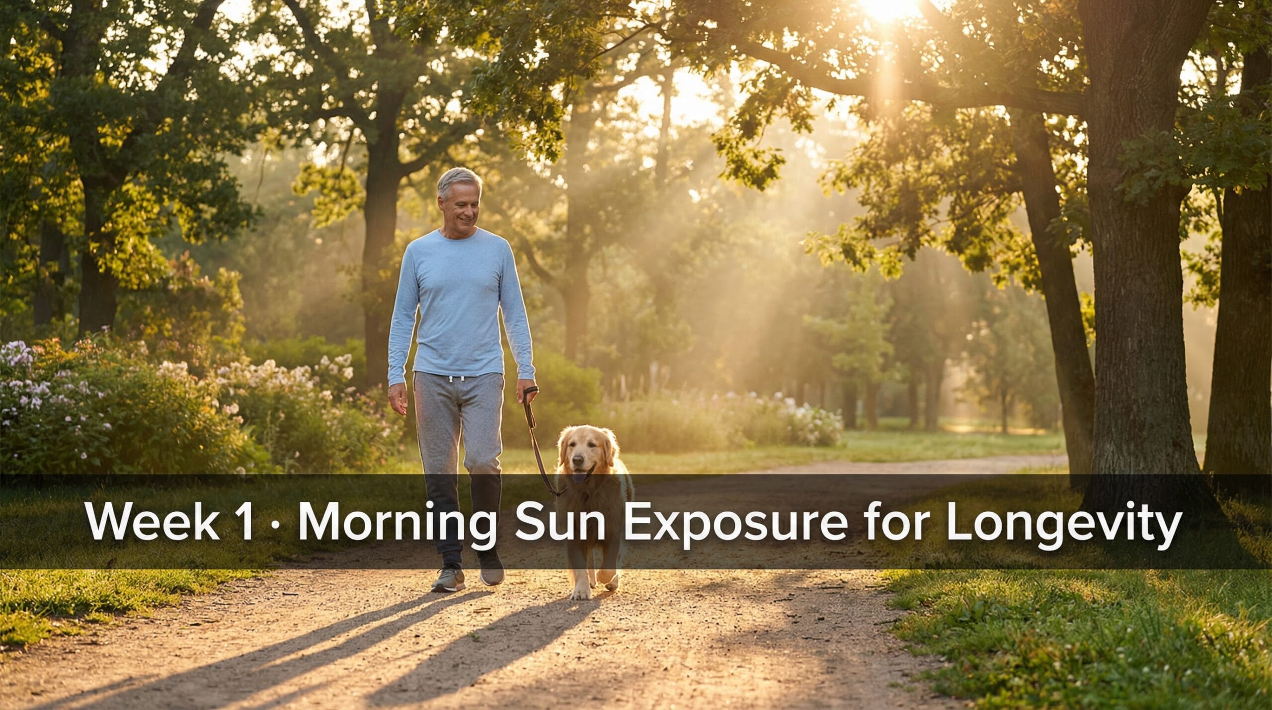 Man walking dog during morning sun exposure for longevity and circadian rhythm reset