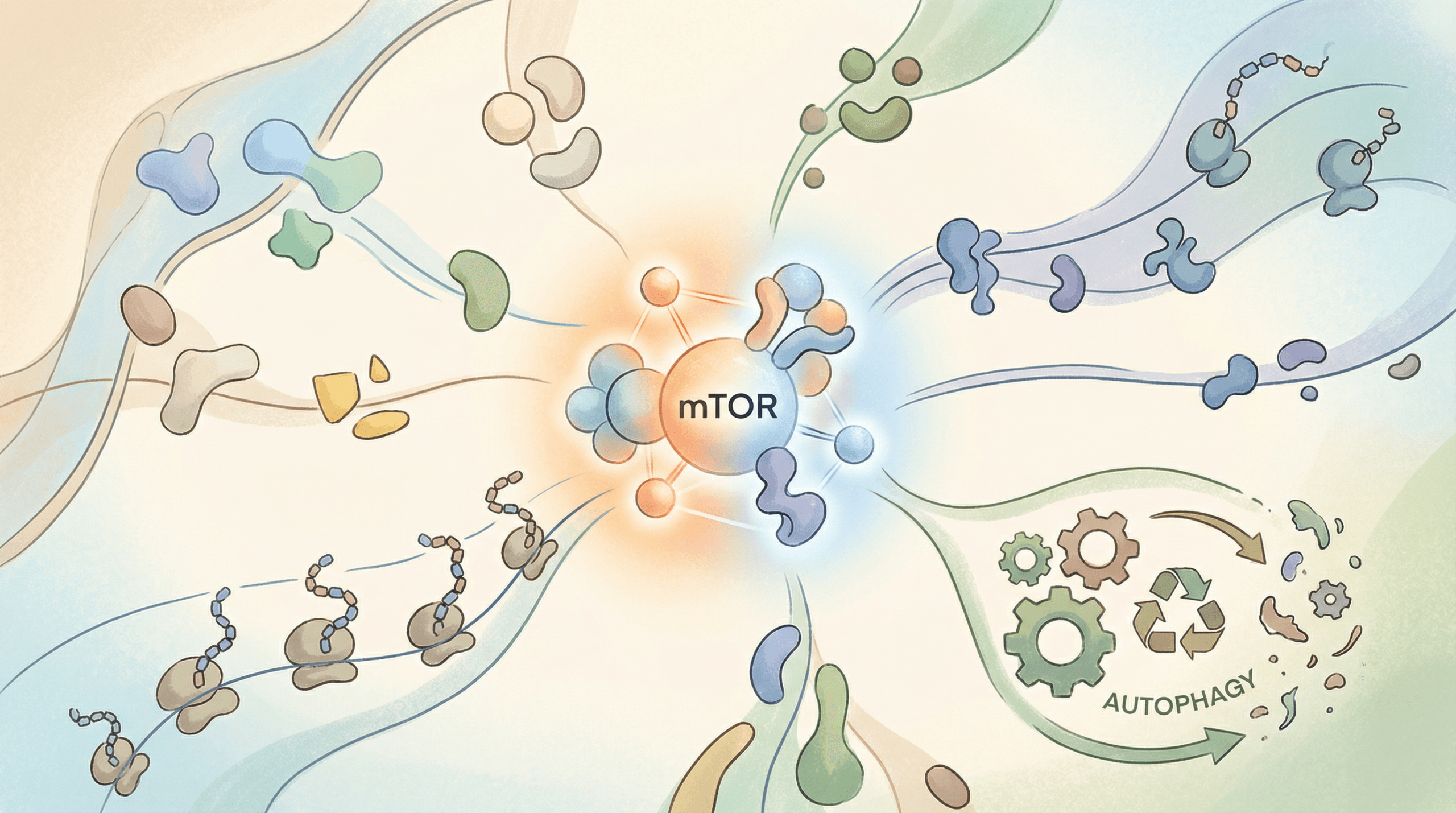 A clean editorial illustration depicting the mTOR pathway as a complex but vital cellular signaling network, with abstract representations of proteins, growth factors, and nutrients interacting around a central, glowing 'mTOR' complex. It highlights protein synthesis and autophagy, using warm neutrals, soft blues, and greens, with subtle accent colors.