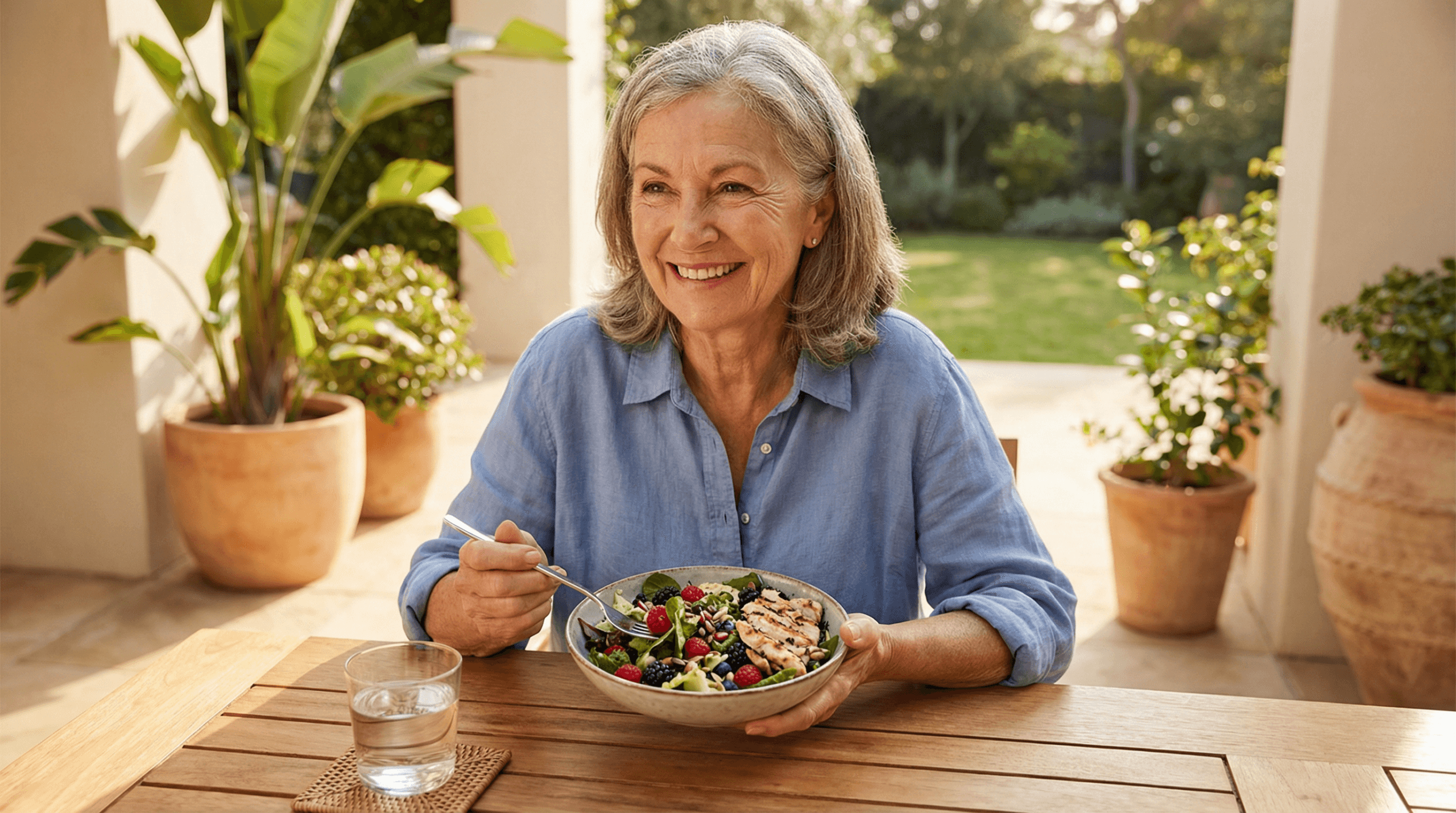 A photorealistic image of a vibrant, healthy senior adult (around 60-70 years old) enjoying a small, nutrient-dense, and colorful meal outdoors. The person has a serene, content expression, embodying healthy aging and mindful eating. The scene uses warm, natural lighting, soft blues, greens, and clean whites.