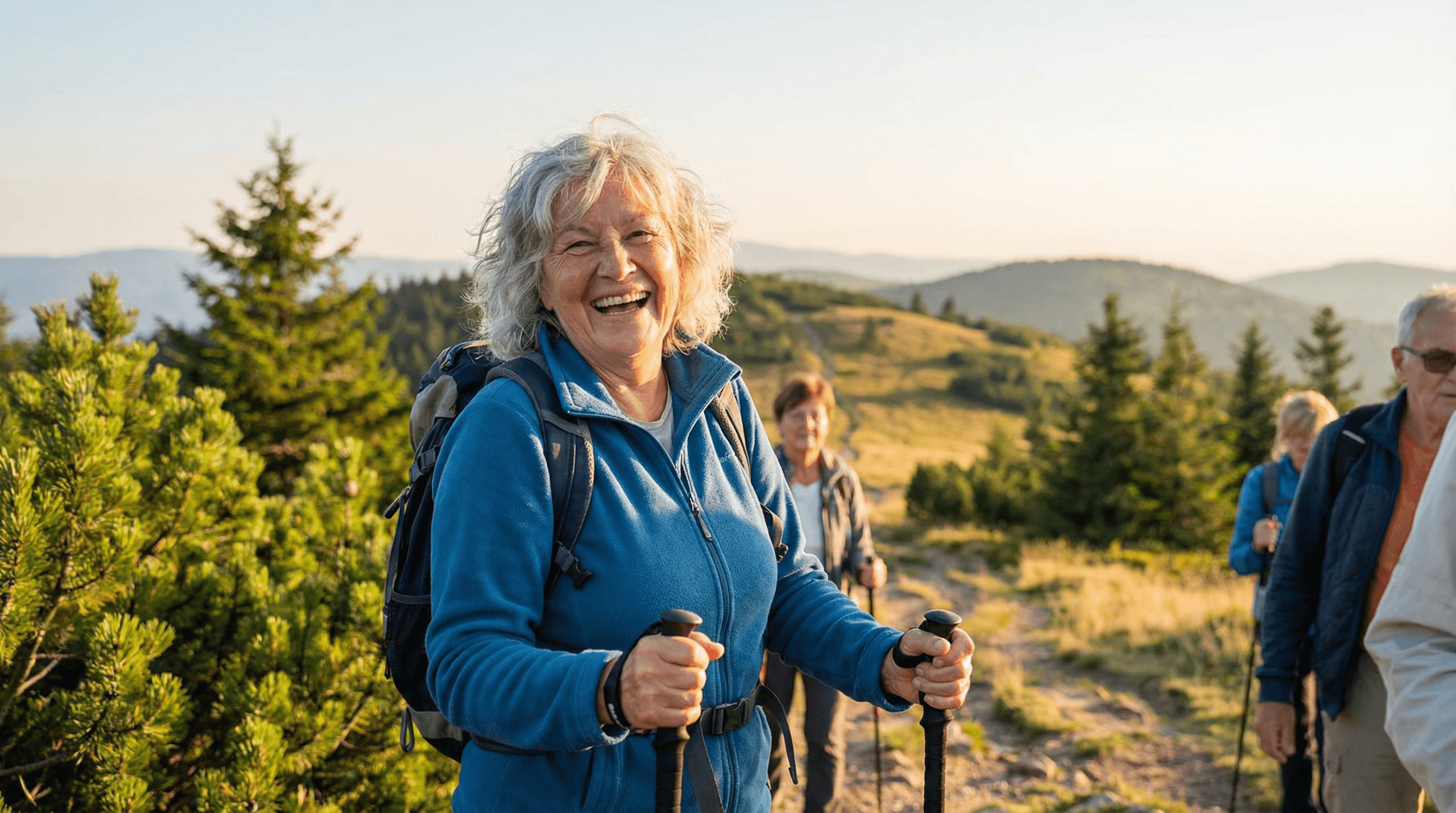 Vibrant older adult hiking in a sunny landscape, embodying healthy aging, vitality, and an active lifestyle.