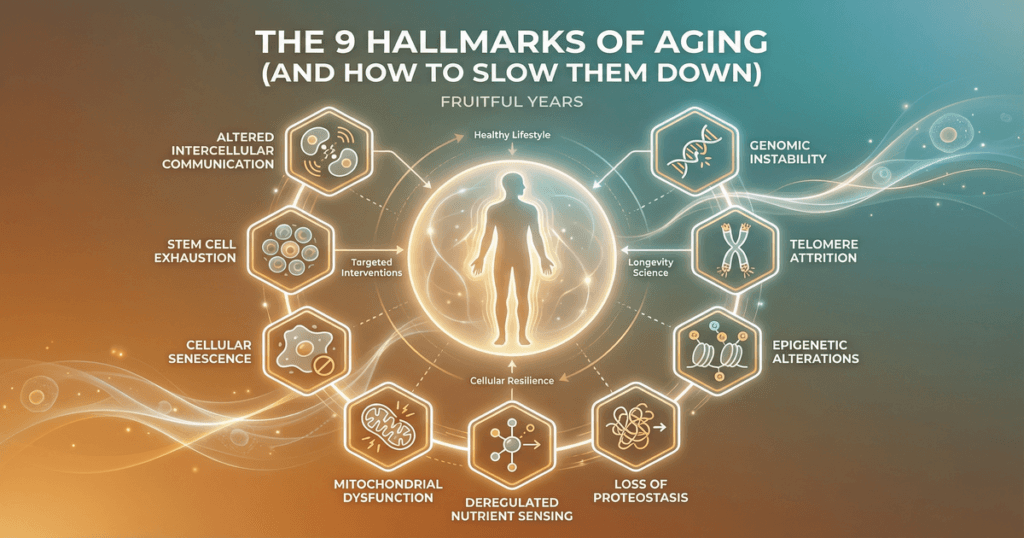 Illustration depicting the nine biological hallmarks of aging with icons and brief descriptions.