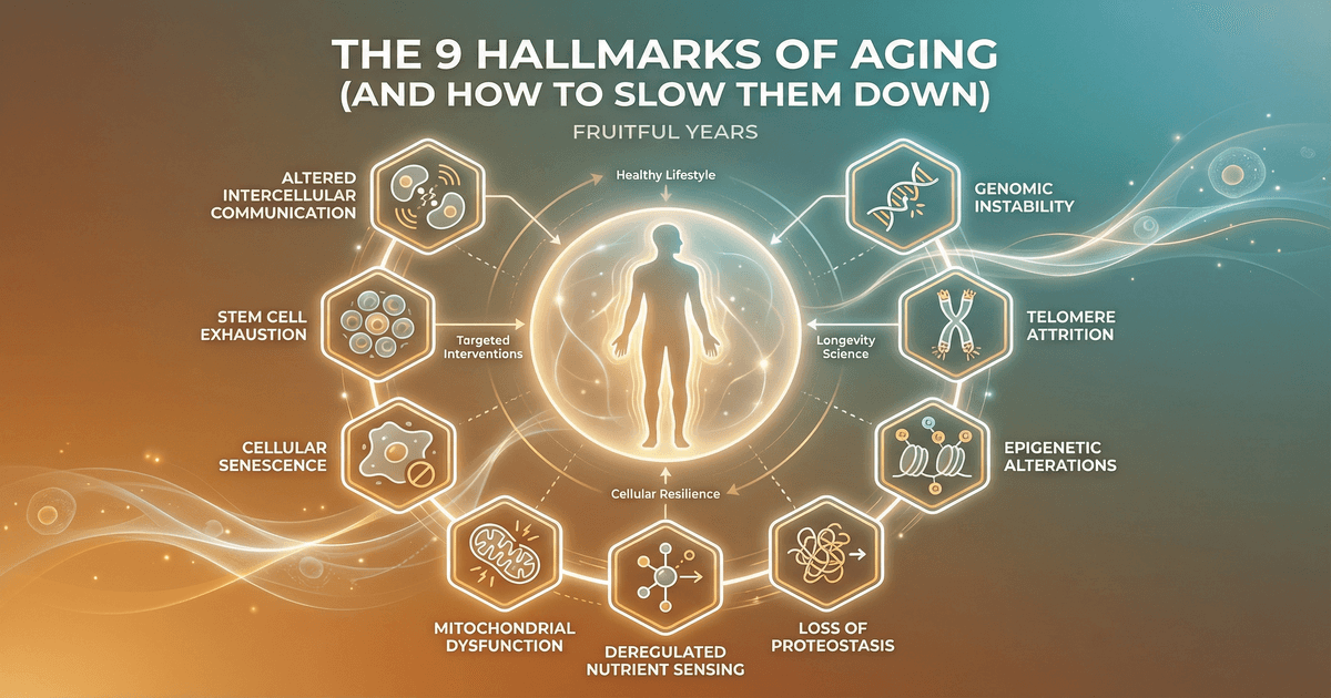 Illustration depicting the nine biological hallmarks of aging with icons and brief descriptions.