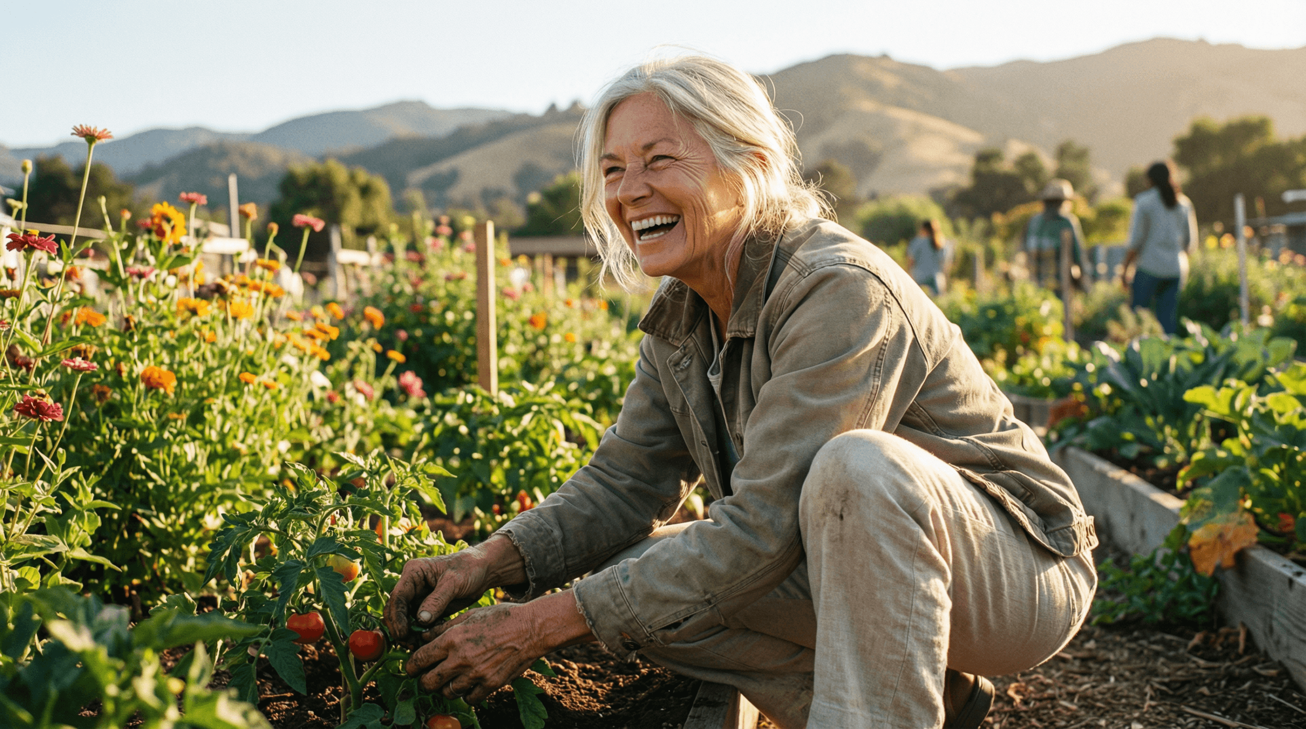 A photorealistic image of an active, healthy older adult happily gardening outdoors, conveying vitality and well-being.