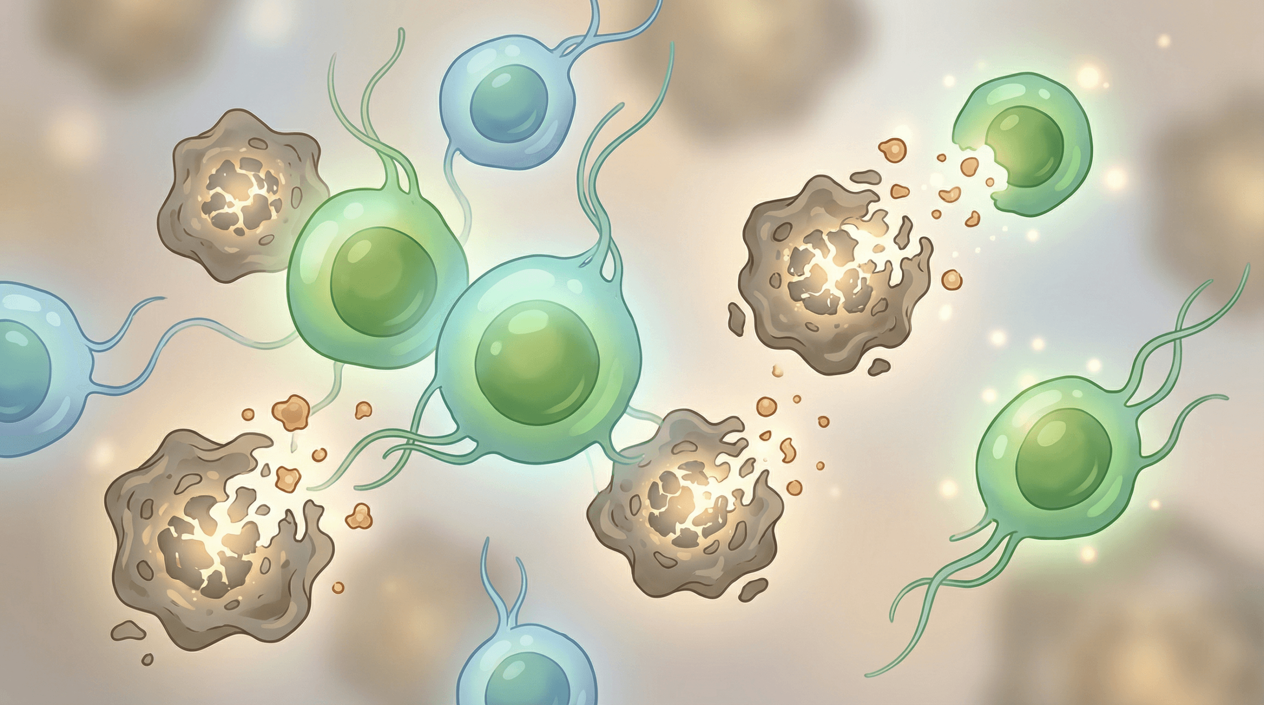 A clean editorial illustration showing senescent 'zombie cells' being targeted and cleared by senolytic compounds, with healthy cells nearby, representing cellular rejuvenation and the scientific mechanism of reversing aging.