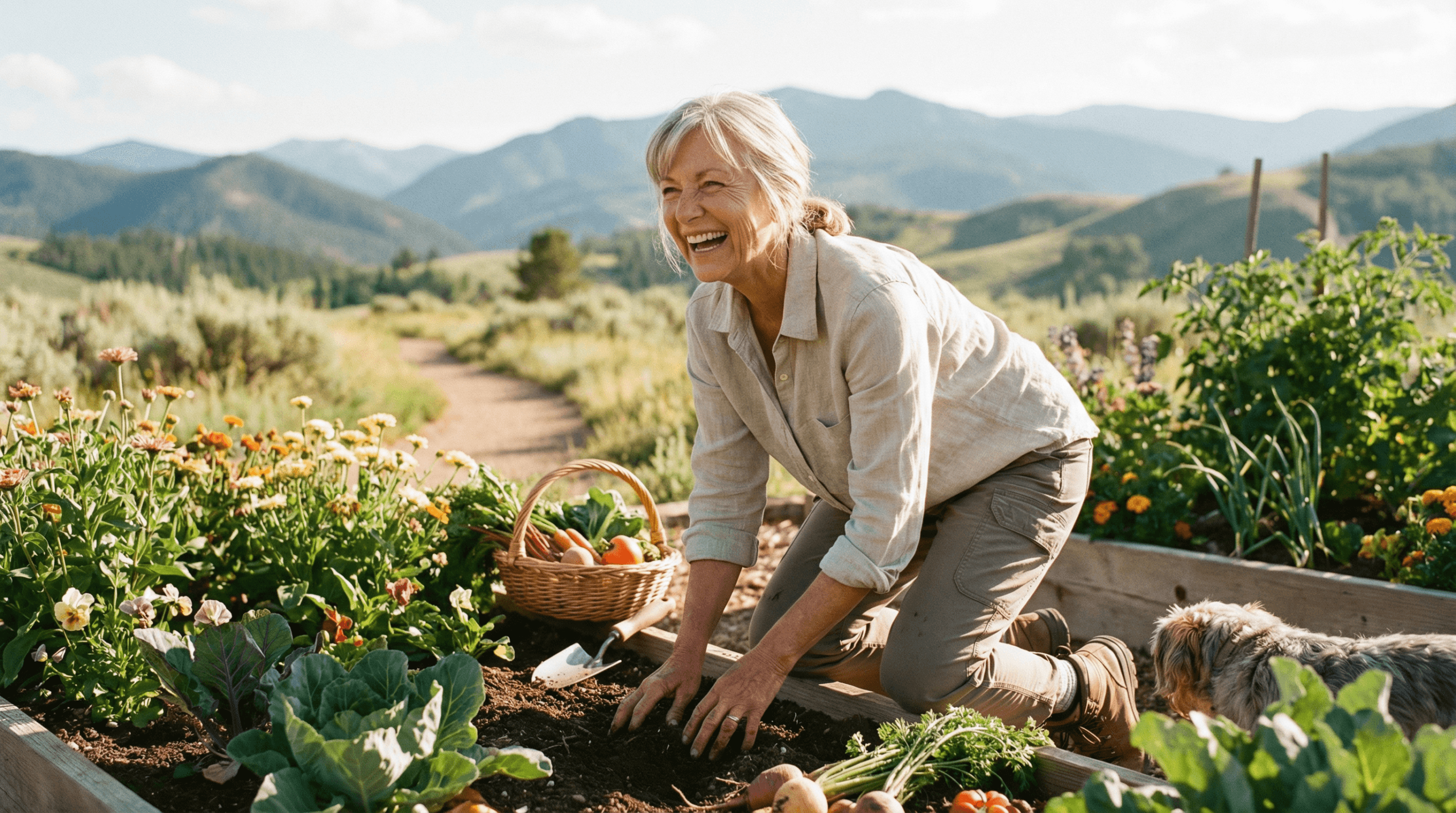 A photorealistic image of a vibrant, healthy older adult (around 60-70 years old) joyfully gardening in a sunny backyard with mountains in the background, conveying vitality and healthy aging.