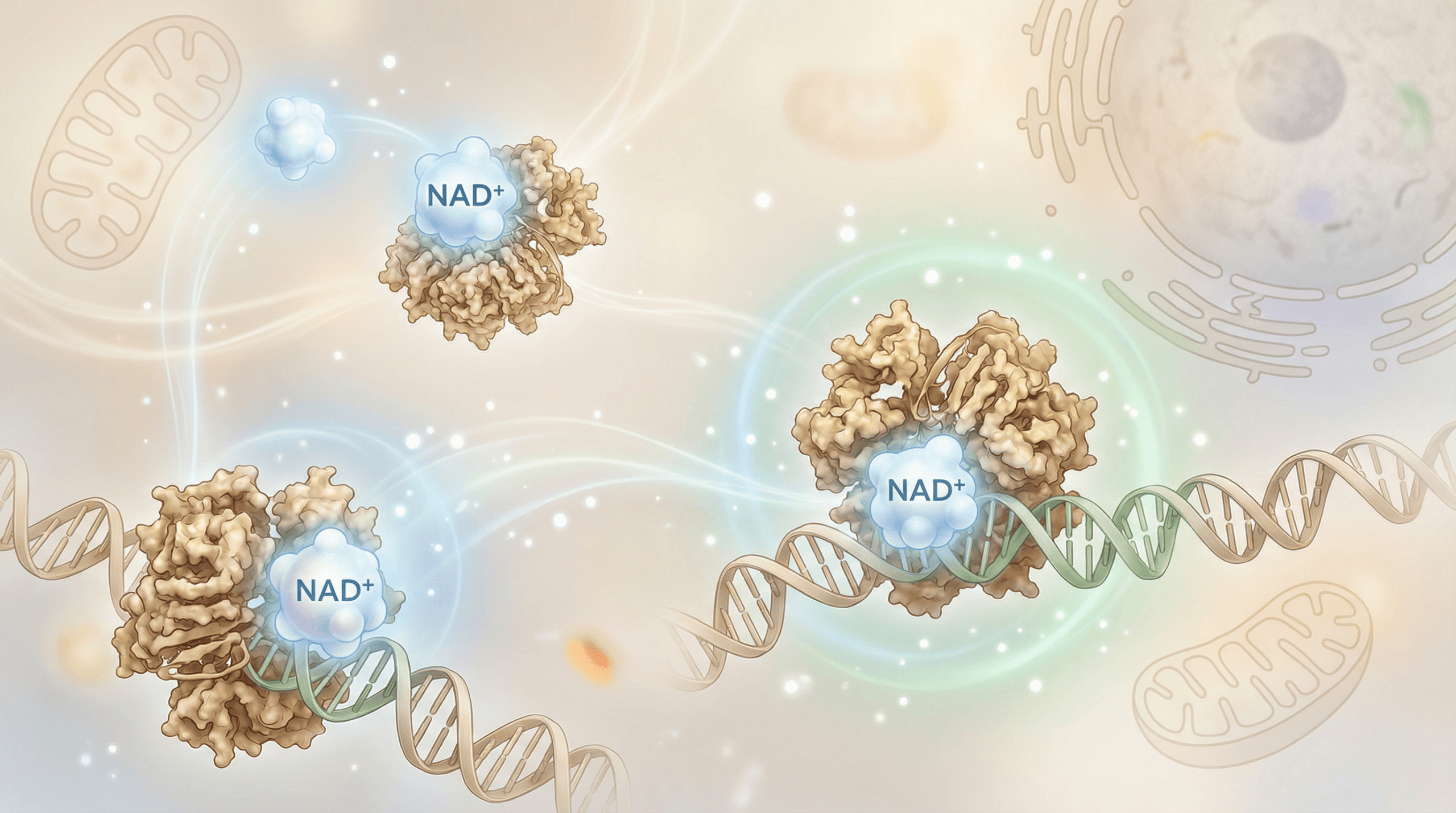 A scientific illustration depicting sirtuin proteins interacting with NAD+ molecules on a DNA strand, symbolizing their role in DNA repair and cellular longevity.