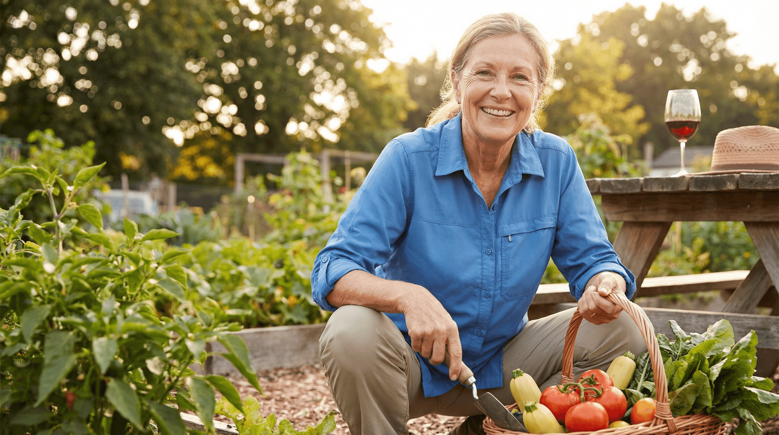 A vibrant image of a healthy senior woman gardening, with a basket of fresh vegetables and a glass of red wine nearby, representing a lifestyle that promotes longevity.