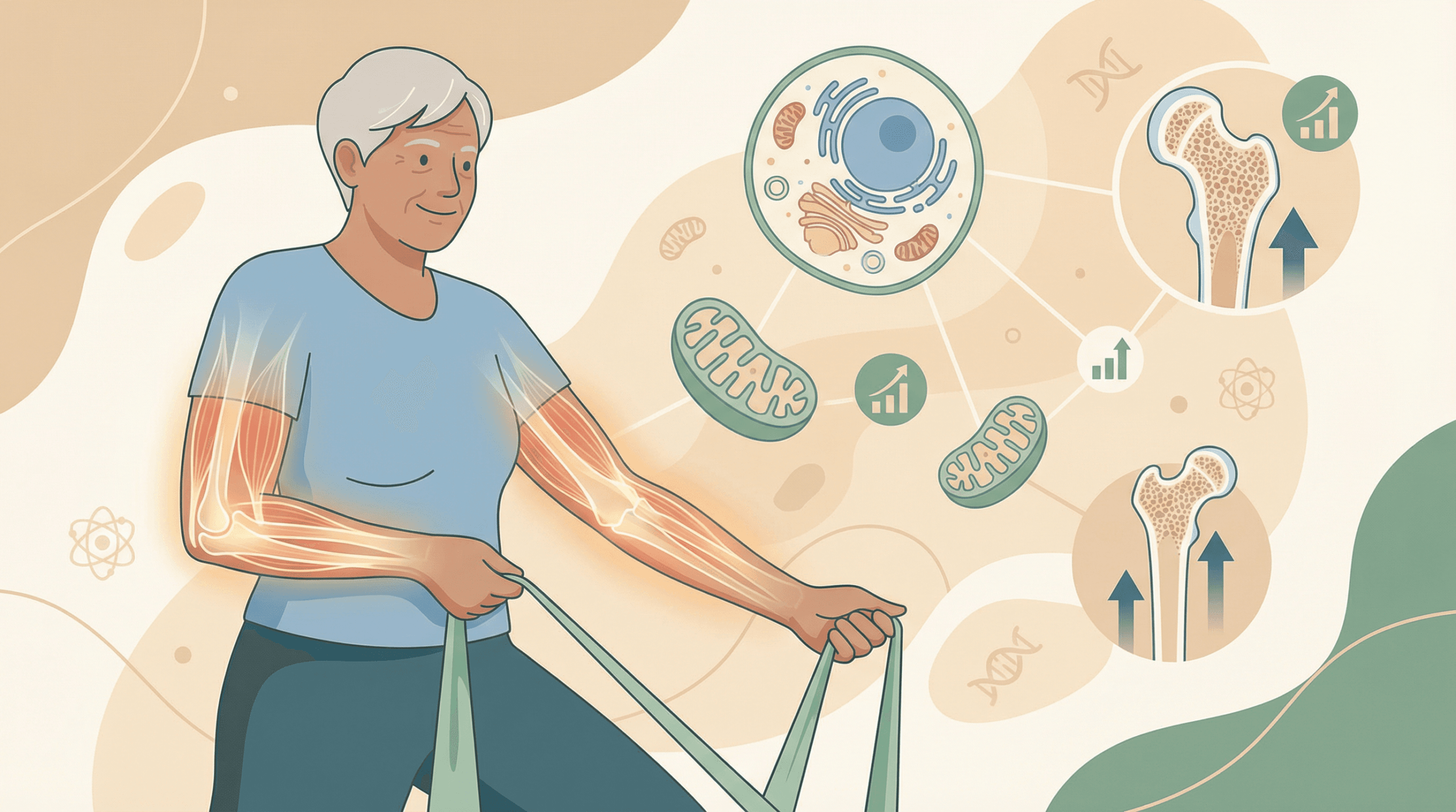 An editorial illustration showing an older adult doing resistance training with a band, with scientific diagrams of muscle cells, mitochondria, and bone density increases floating around them, representing the cellular and physiological benefits of strength training.