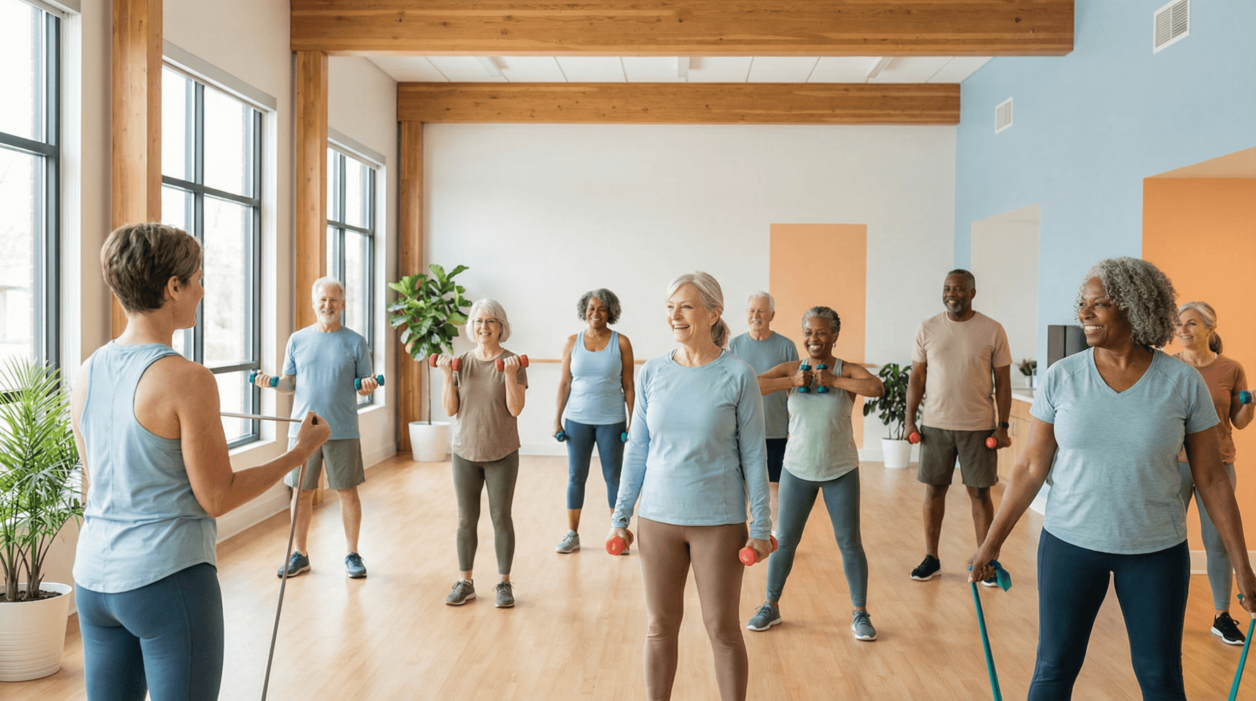 A diverse group of smiling and focused seniors participating in a strength training class in a bright gym, using light weights and resistance bands, emphasizing healthy aging, vitality, and community.