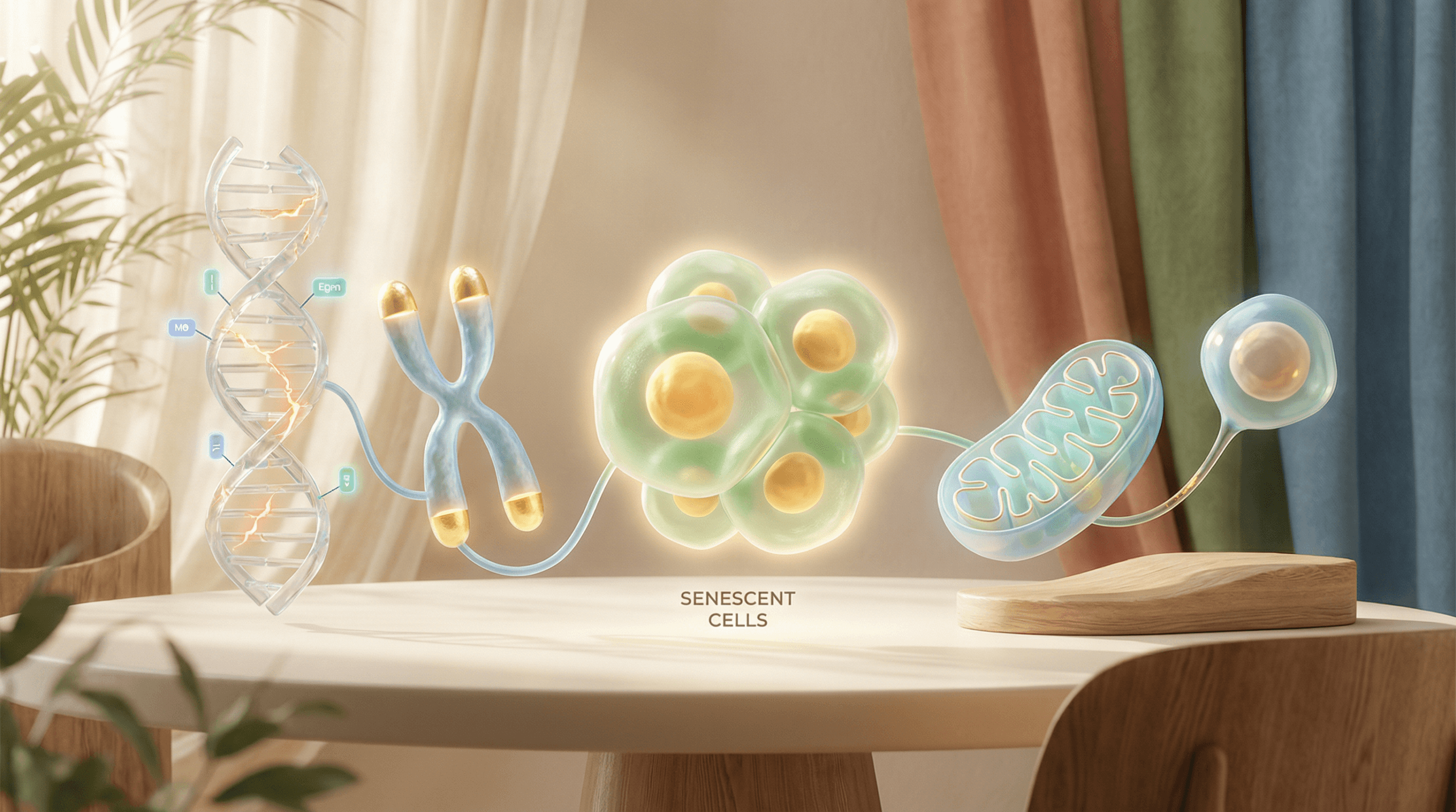 A scientific illustration depicting the hallmarks of aging, including DNA damage, telomere shortening, epigenetic alterations, and senescent cells.