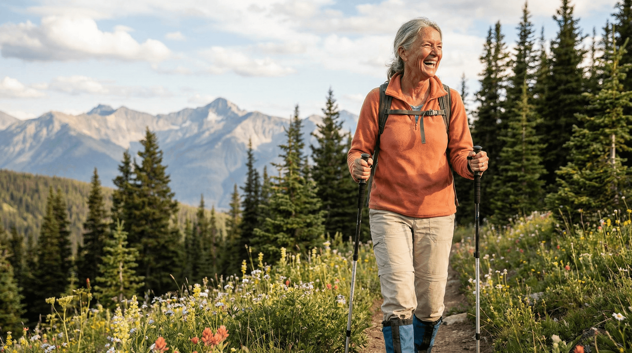 A vibrant older woman with a backpack and hiking poles, smiling while hiking in a scenic mountain landscape, symbolizing healthy and active aging.