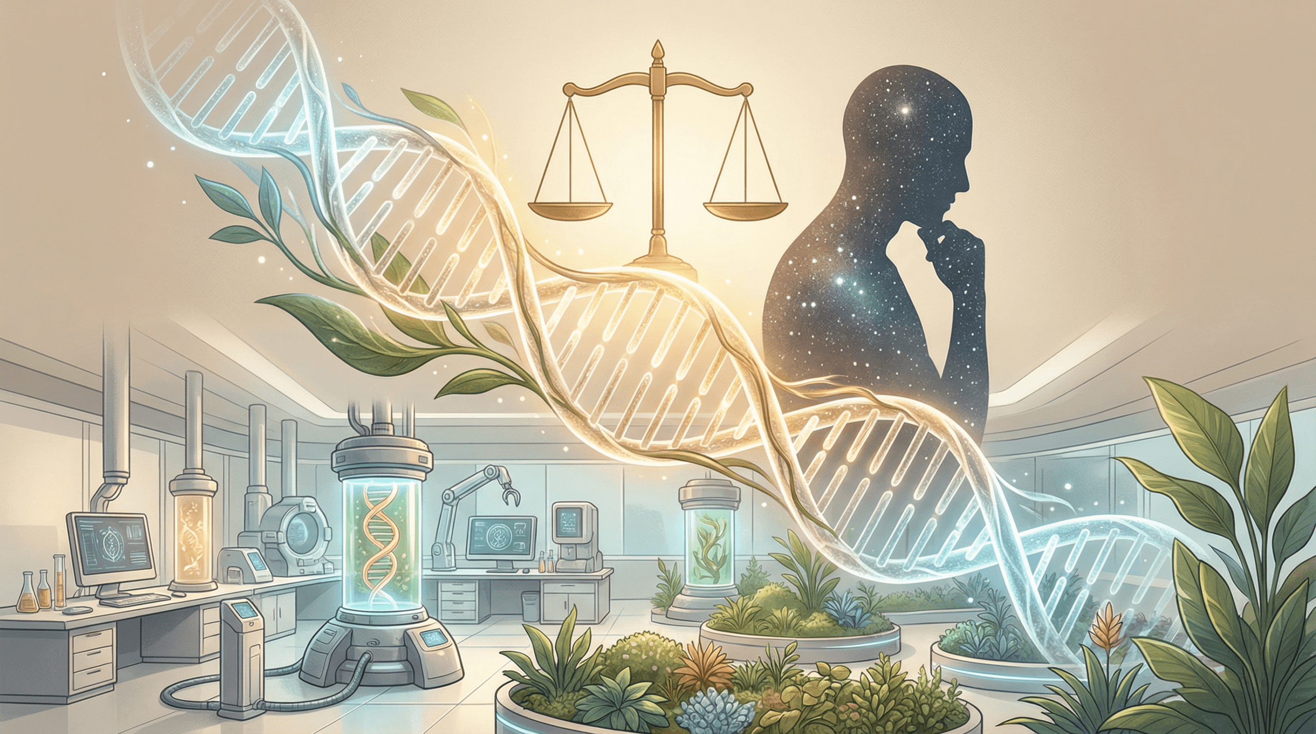 An editorial illustration showing glowing DNA strands intertwined with a balanced scale and a thoughtful silhouette, set in a futuristic lab, representing the ethical and scientific aspects of radical life extension.