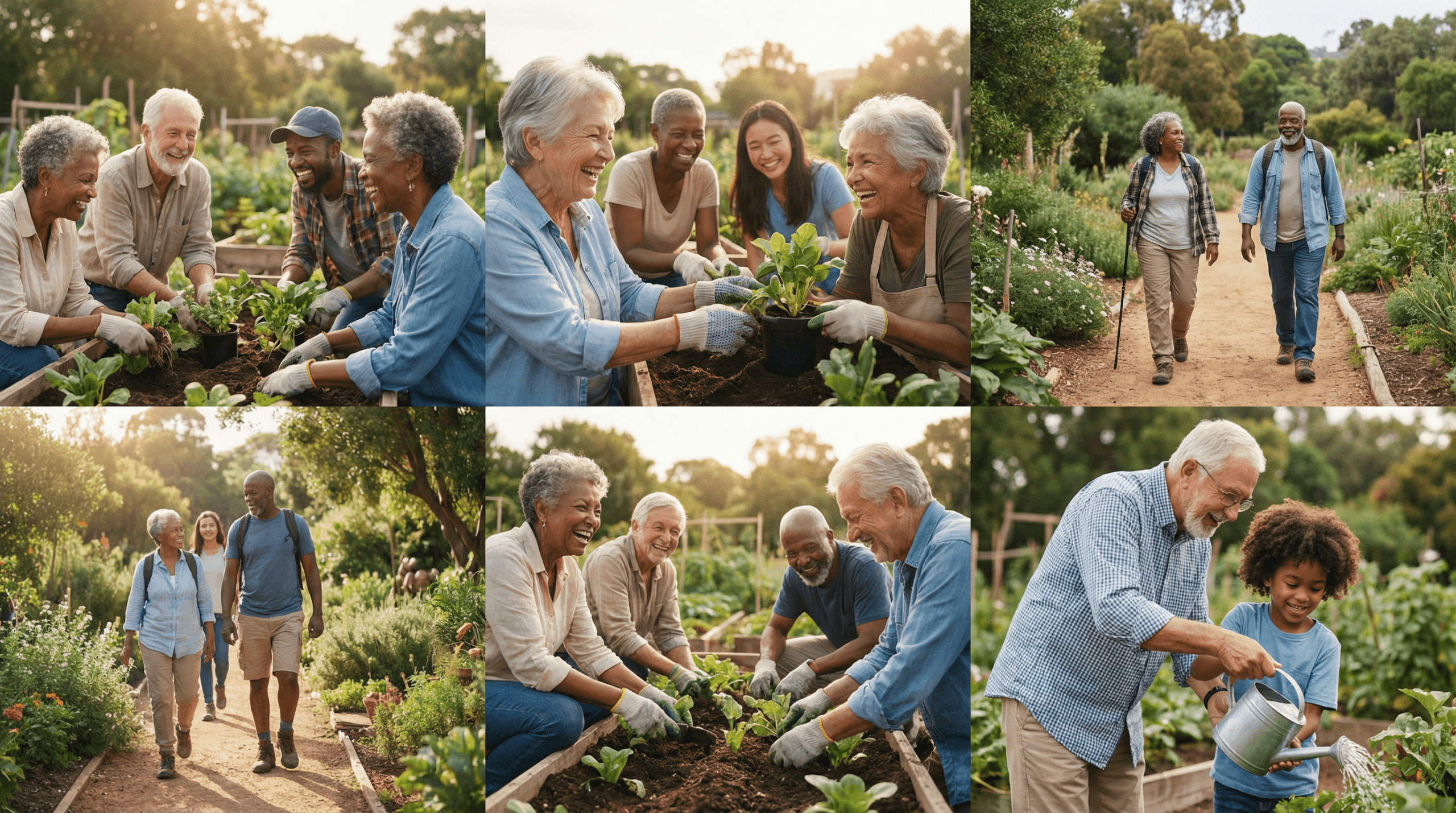 A photorealistic image of a diverse group of active older adults happily gardening and hiking outdoors, conveying vitality and healthy aging in a community setting.