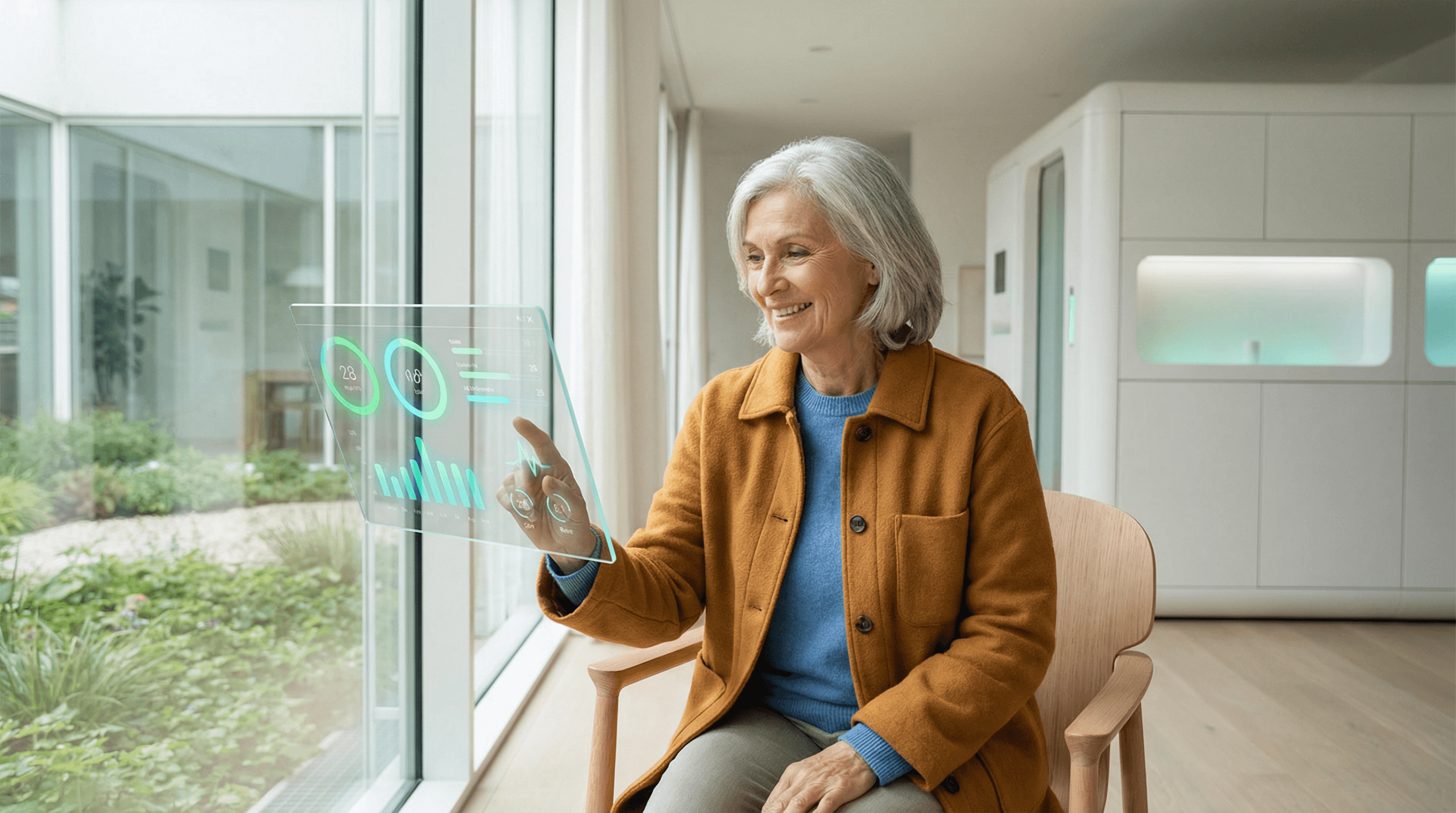 A photorealistic image of a vibrant older woman smiling and interacting with a transparent digital interface displaying health data, representing the practical application of longevity science in a modern, healthy lifestyle.