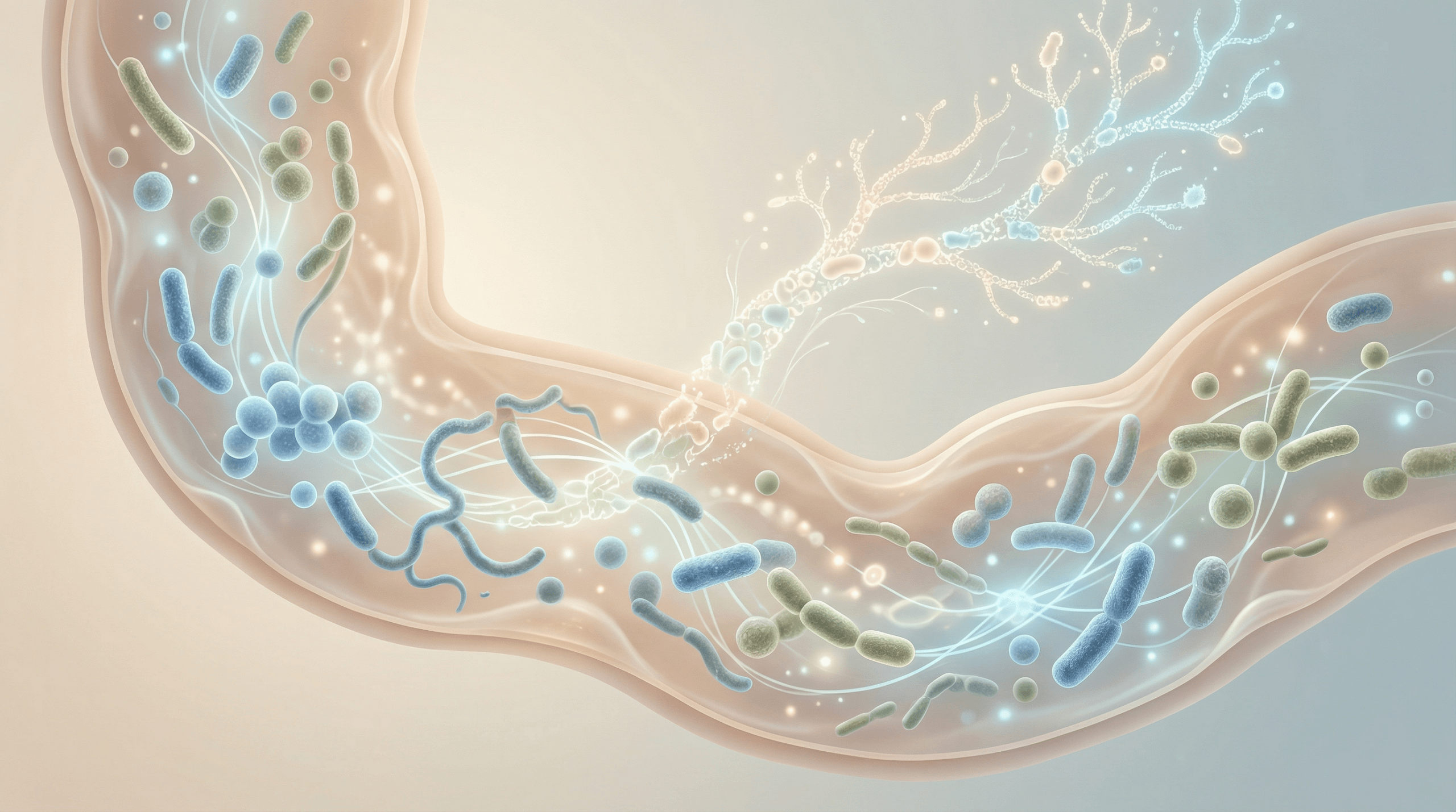 A photorealistic illustration of a healthy human gut, showcasing a diverse and balanced microbiome with various beneficial bacteria and their intricate connections, representing the science behind gut health and longevity.