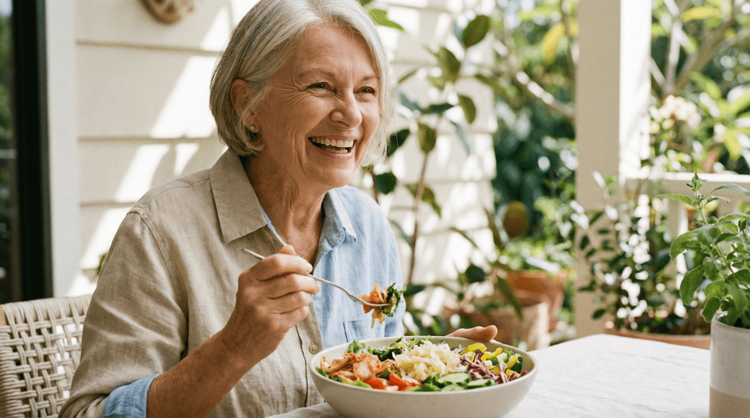 A vibrant, healthy senior woman with a warm smile, enjoying a fresh, colorful salad rich in probiotics and prebiotics, depicting a practical lifestyle choice for gut health and healthy aging.