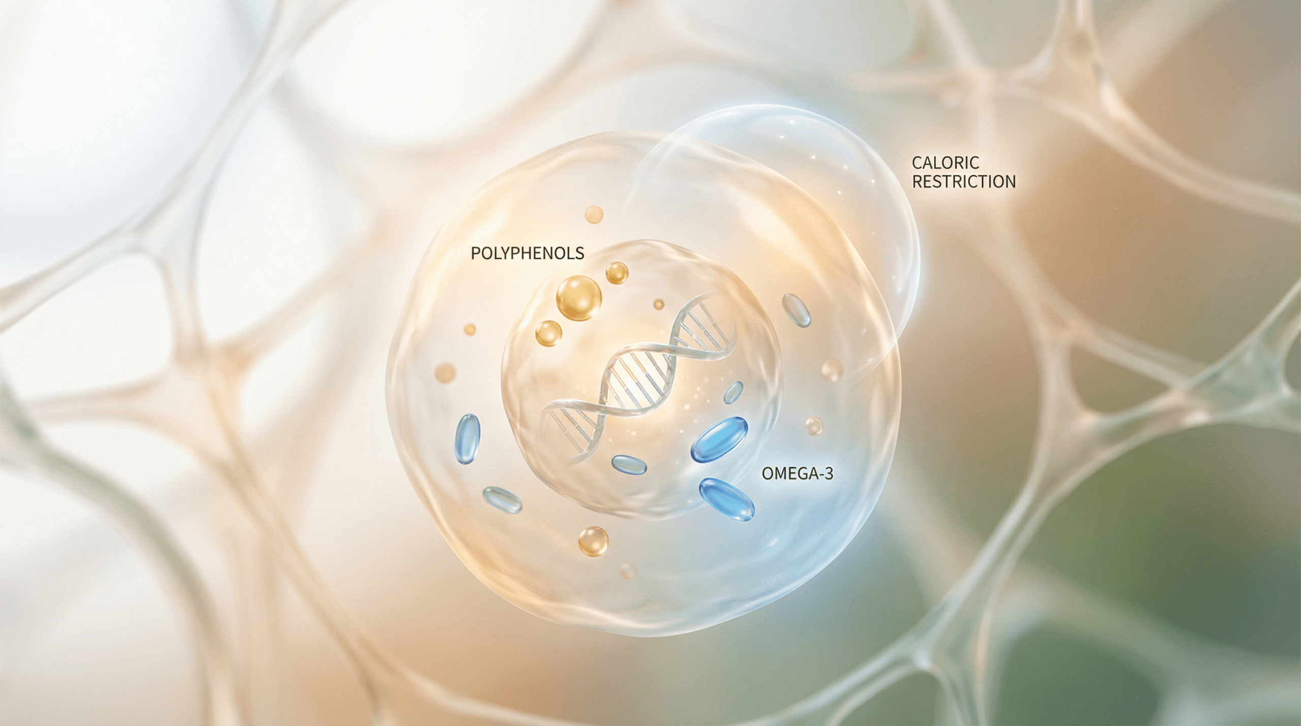 An abstract illustration depicting cellular processes, DNA strands, and nutrient interactions (polyphenols, omega-3) within a cell, with an overlay representing caloric restriction, all contributing to anti-aging at a cellular level.