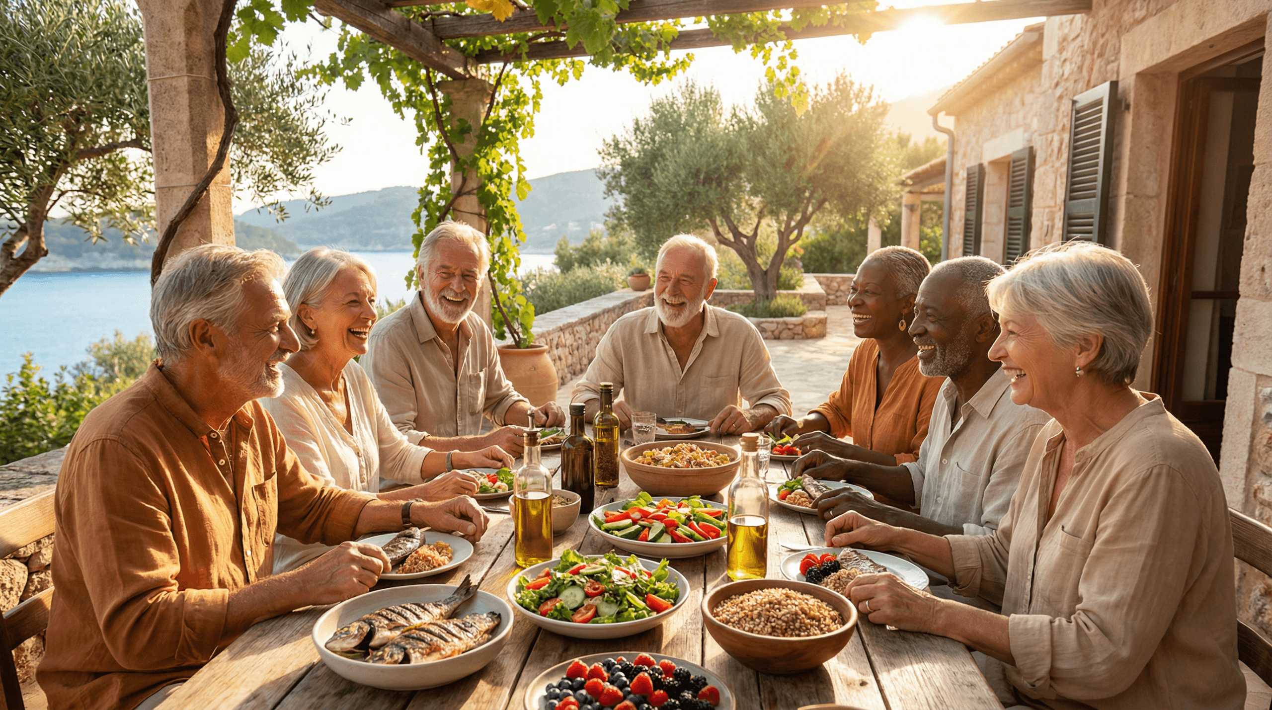 A diverse group of happy, vital older adults enjoying a vibrant, healthy meal outdoors in a Mediterranean setting, featuring anti-aging foods like fresh vegetables, fruits, fish, and olive oil.