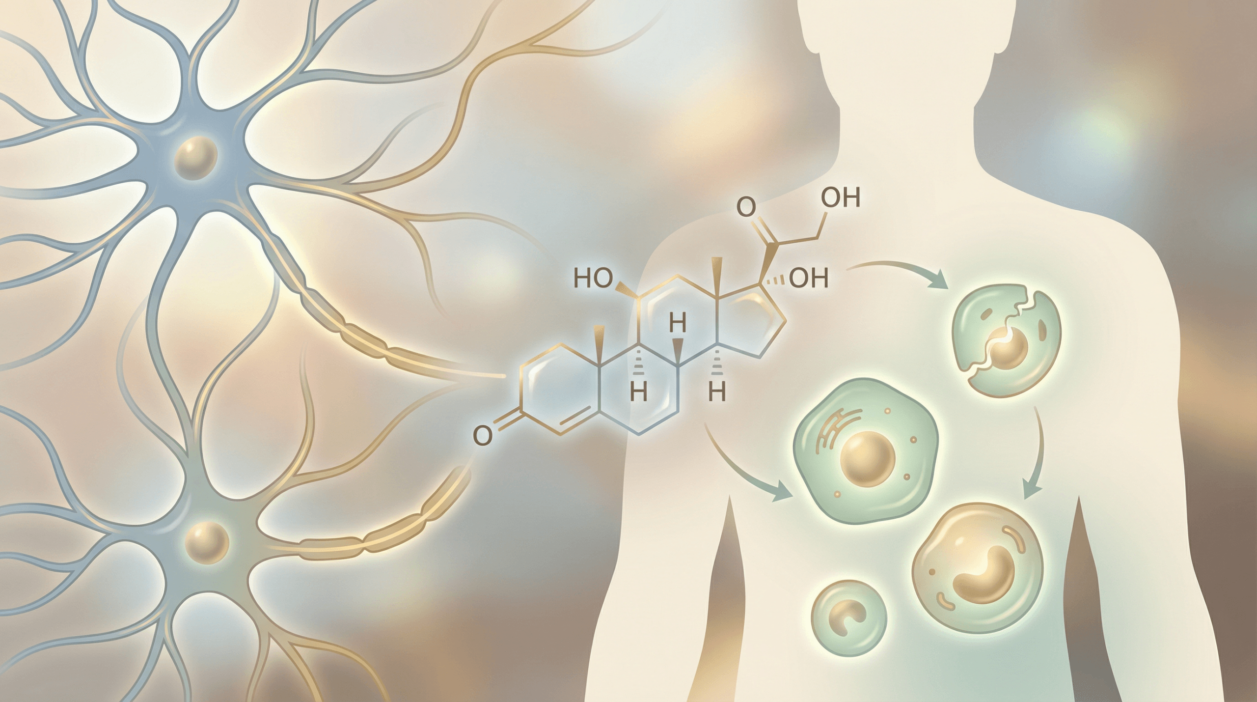 A clean editorial illustration depicting the scientific concept of cortisol's effect on aging, showing the HPA axis and cortisol molecule interacting with cellular structures.