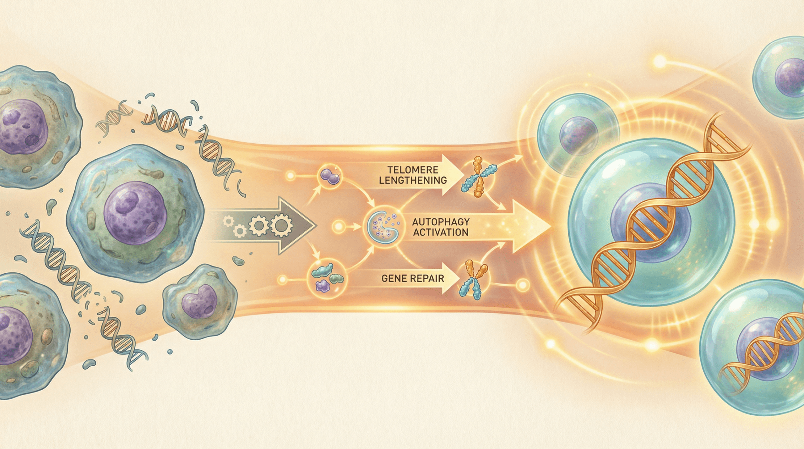 A scientific illustration depicting cellular rejuvenation processes, including telomere lengthening, autophagy activation, and gene repair, leading to healthier cells and DNA. The image uses warm neutrals, soft blues, and greens, with accent colors, in a clean editorial illustration style.