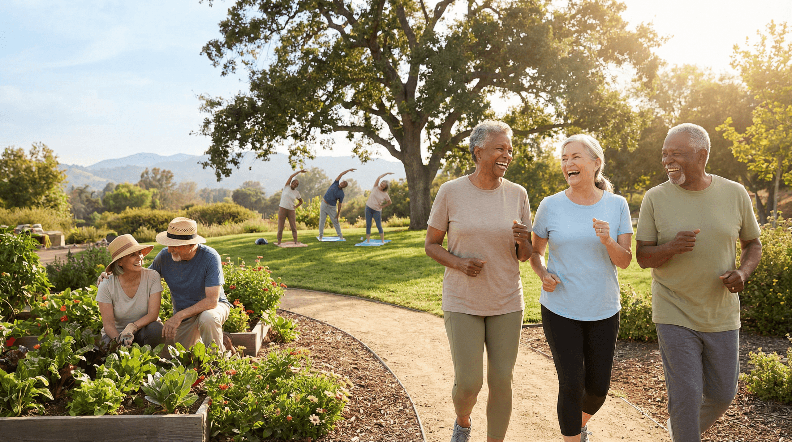 A group of active seniors joyfully engaging in various healthy lifestyle activities outdoors, such as walking, gardening, and yoga, set in a bright, natural environment. The image conveys vitality and happiness, using warm neutrals, soft blues, and greens, with accent colors, in a clean editorial illustration style.